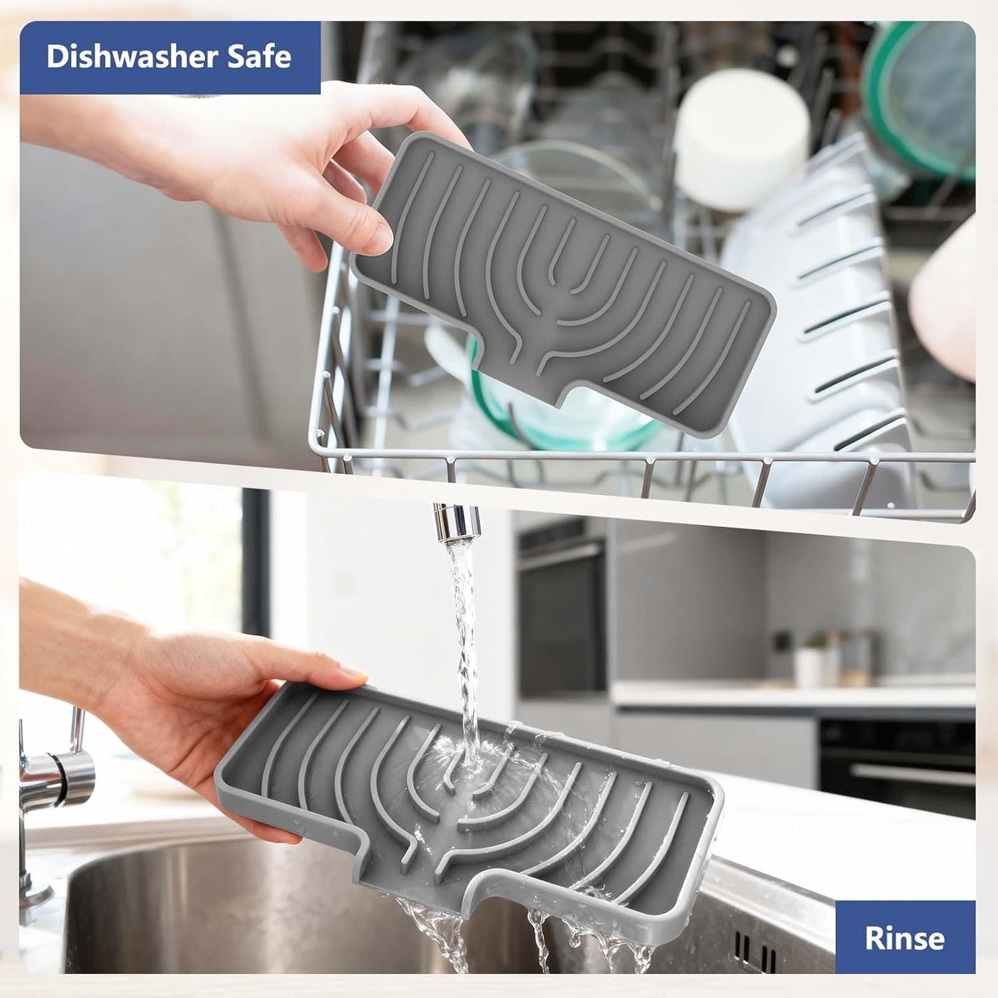 Silicone Sponge Holder for Kitchen Sink With Drain Spout, (Gray, 10×4) Self Draining, Kitchen Soap Tray, Bathroom Organizer, Sink Caddy, Perfect for Dispenser, Scrubber, Bottle, Cup on Counter