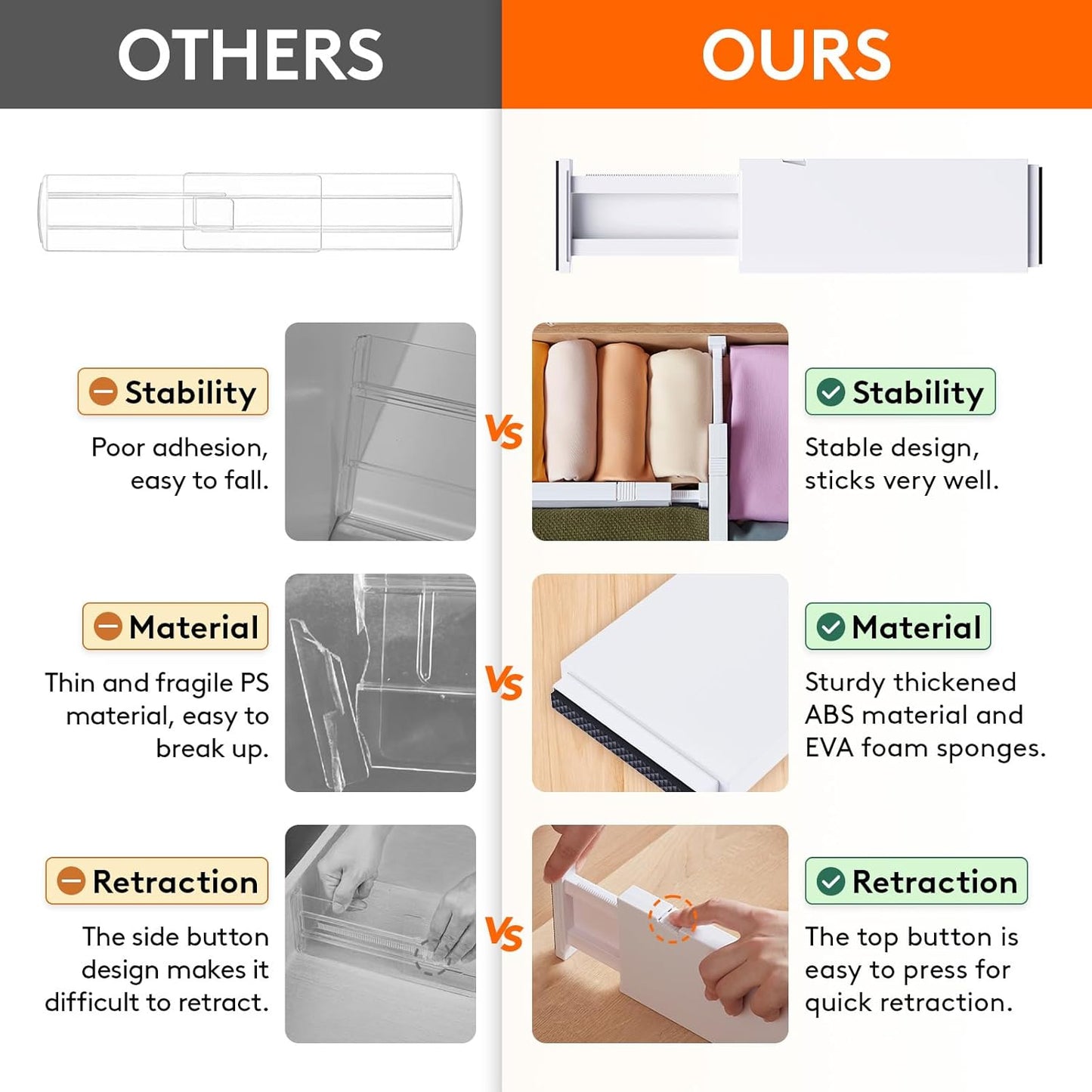 Lifewit 5 Pack Drawer Dividers 4" High, 11-17" Adjustable Dresser Drawer Organizers for Clothes, Expandable Dresser Separators in Bedroom/Bathroom/Kitchen/Vanity/Office Organization and Storage, White