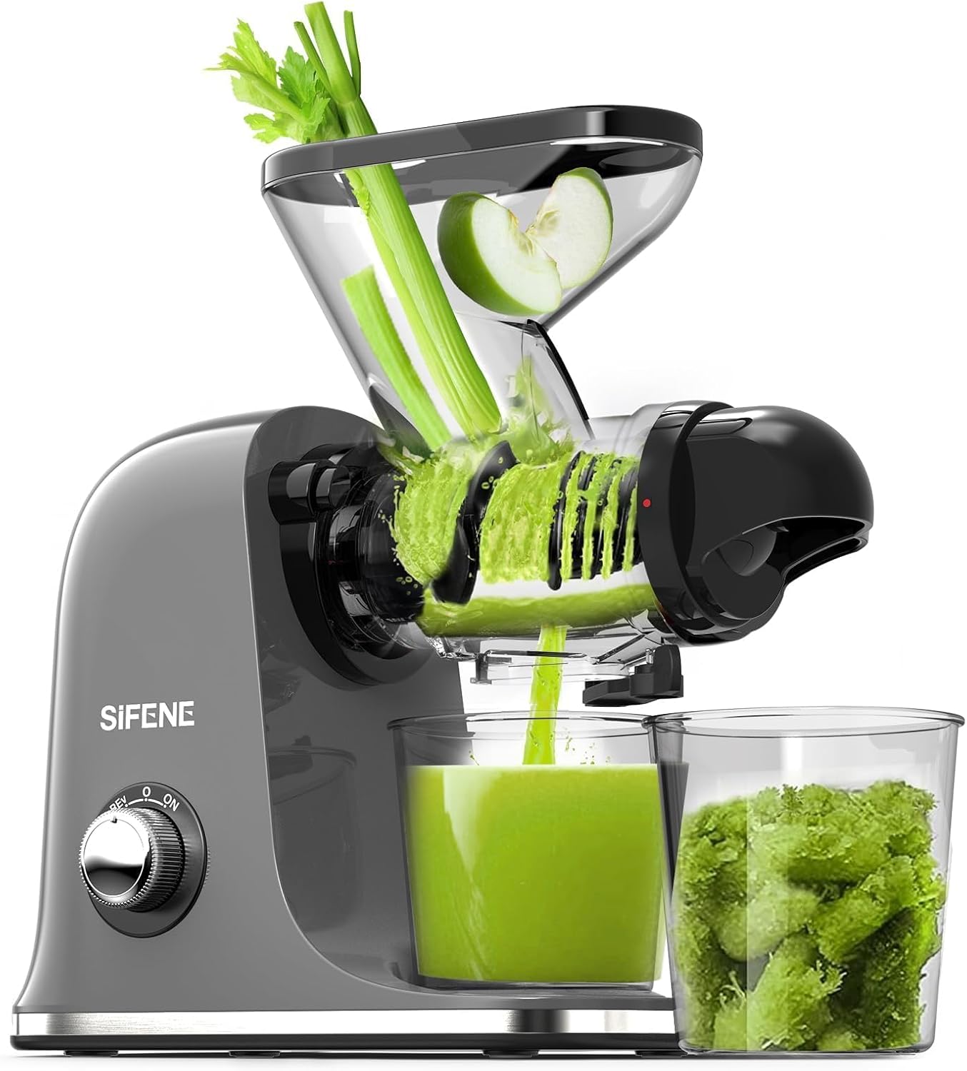 SiFENE Cold Press Juicer Machine, Compact Single Serve Slow Masticating Juicer, Vegetable and Fruit Juice Extractor Maker Squeezer, Easy to Clean, Non-BPA, Grey