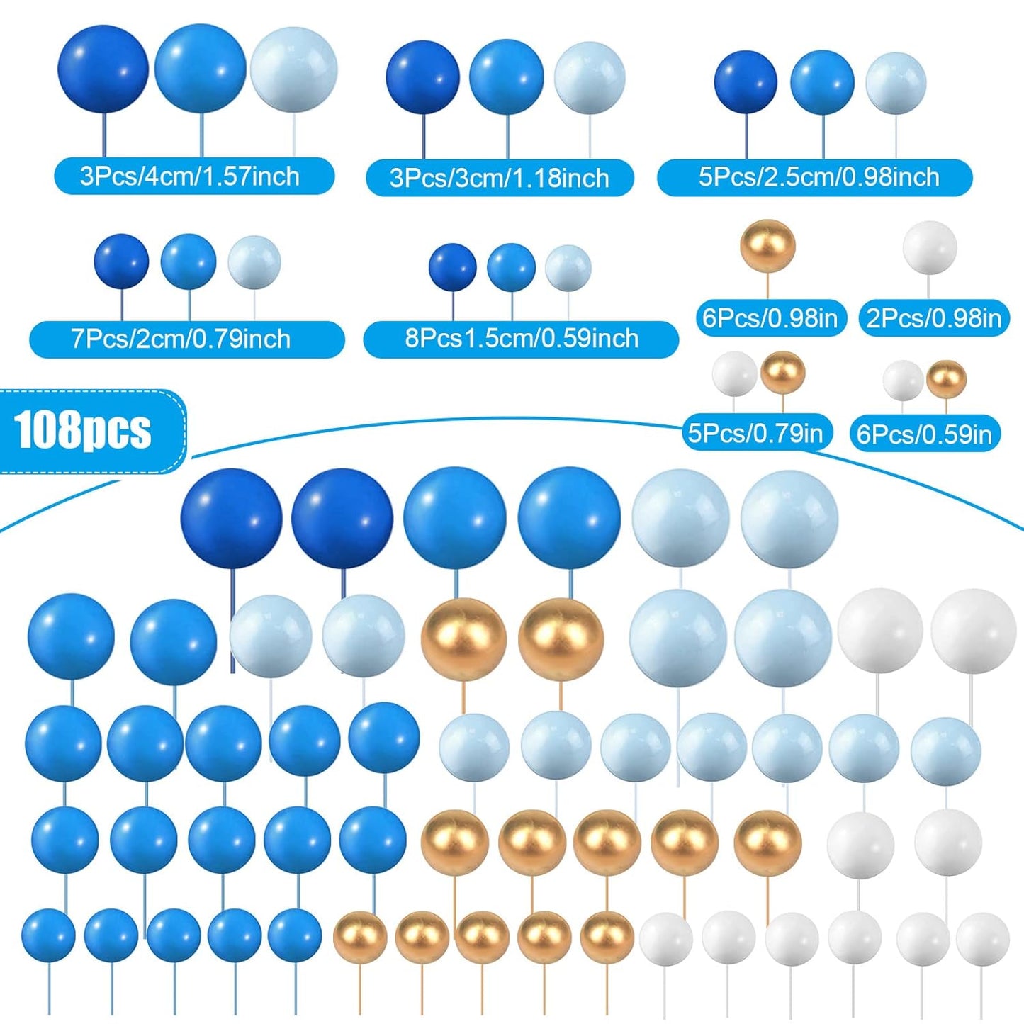 108 Pcs Balls Cake Topper DIY Cupcake Insert Foam Balloons for Cake Baking Wedding Anniversary Birthday Decoration(Assorted Blue, White, Gold,Multi Sizes)