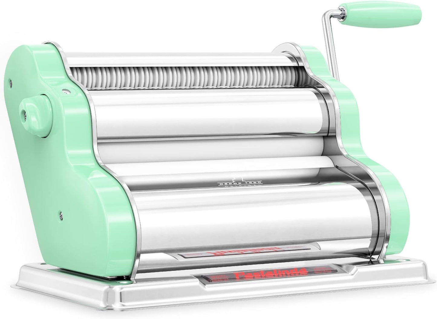 PASTALINDA Classic 260 Pasta Maker Machine, 26 cm Wide Rollers, 9 Thickness Positions, 2 Cutting Positions, Stainless Steel. Includes Reinforced Hand Crank And Two Clamps (Pastel Green)