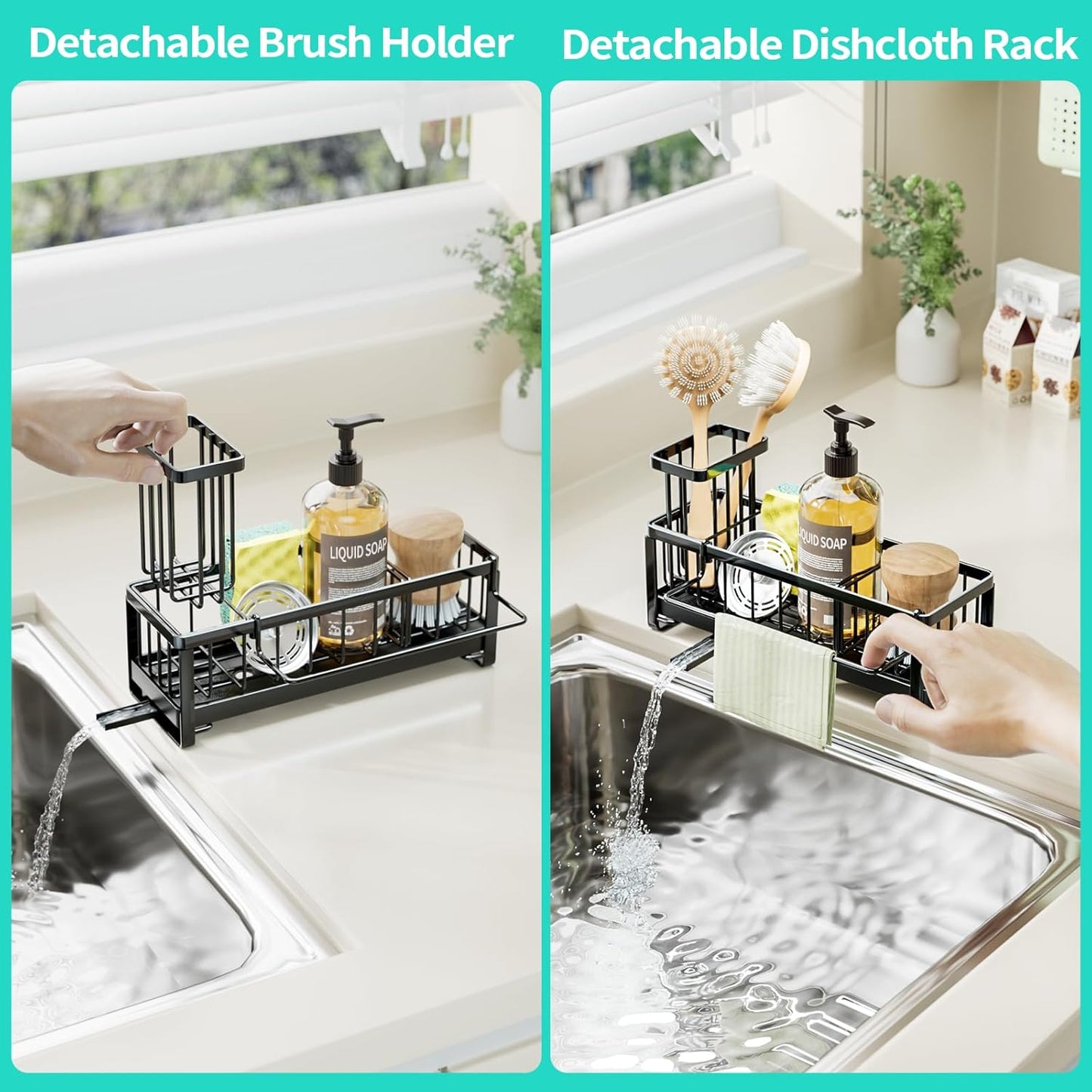 HapiRm Sponge Holder for Kitchen Sink - Self-draining Sink Caddy With Brush and Dishcloth Holders, Stainless Steel Kitchen Organizer for Countertop - Black