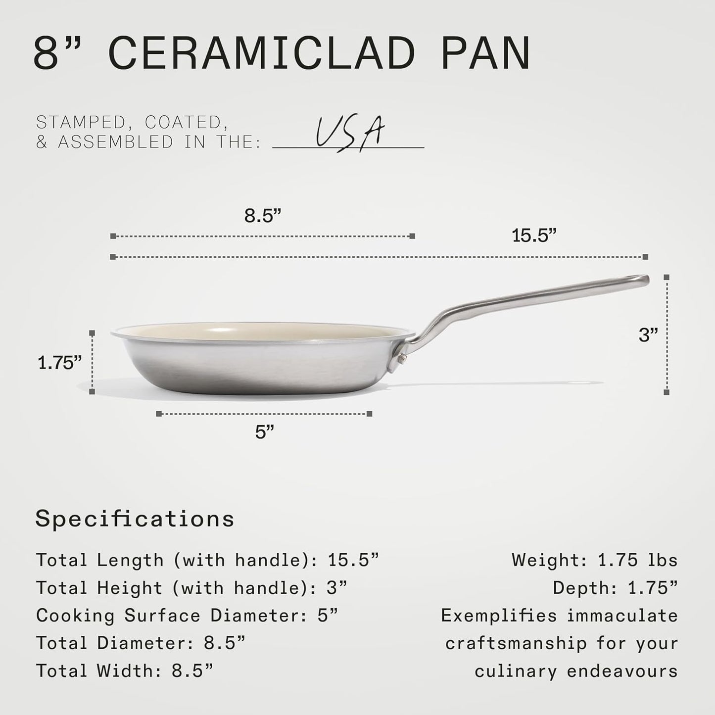 Made In Cookware - 8" Ceramic Non Stick Frying Pan (Stainless Handle) - 5-Ply Stainless Clad with Stay-Cool Handle - Professional Cookware - Induction Compatible