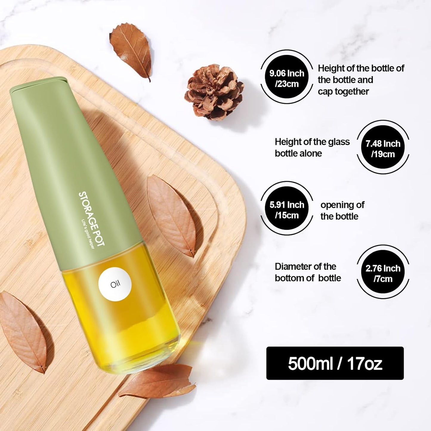 YARRAMATE Large Capacity Aesthetic Olive Oil Dispenser for Kitchen, 500ml /17oz Cooking Glass Vinegar Drizzler, Leak Proof Oil Bottle, Non-Drip Soy Sauce Dispenser, Oil Pourer & Labels(Green)