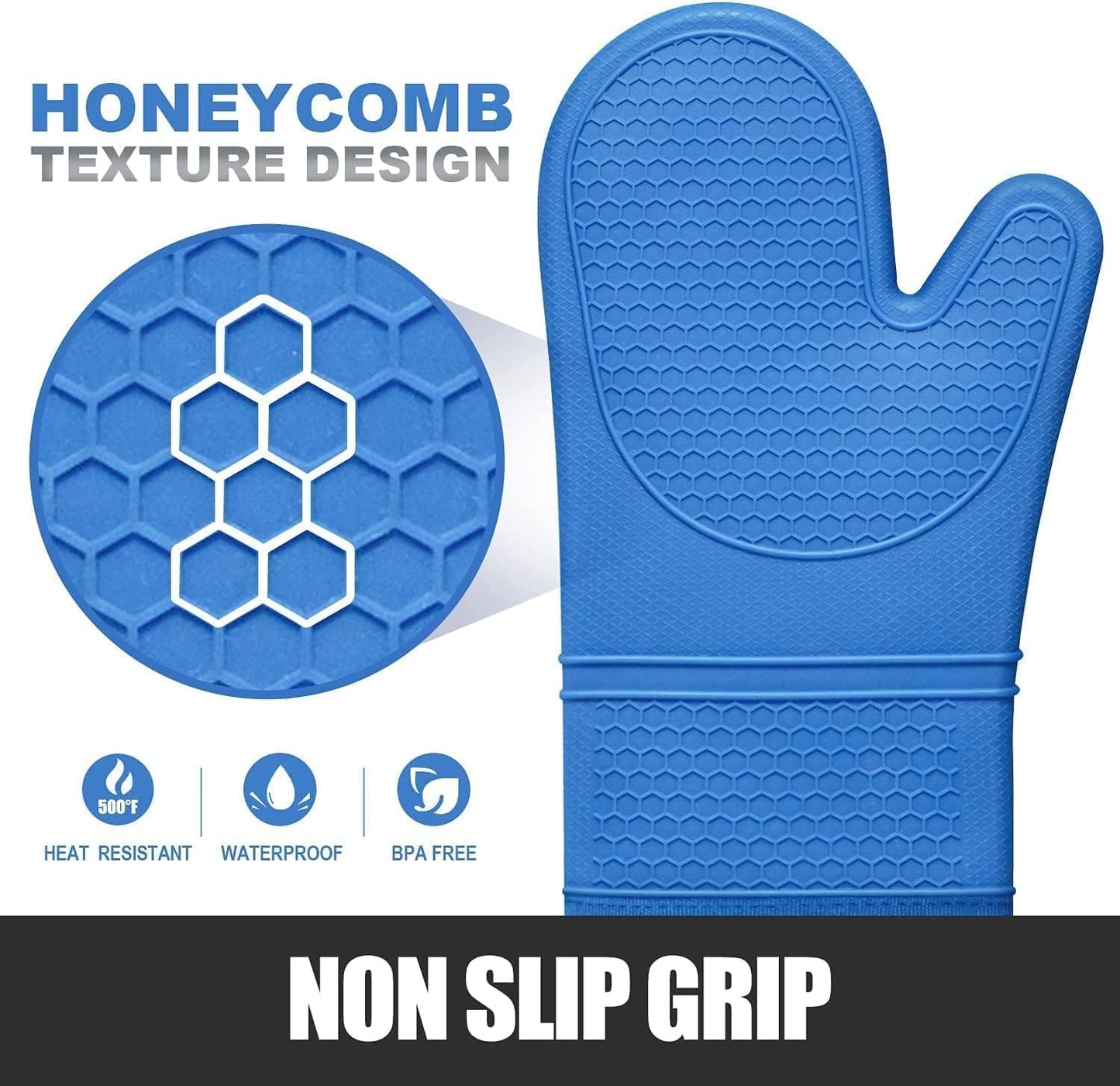 Rorecay Extra Long Oven Mitts and Pot Holders Sets: Heat Resistant Silicone Oven Mittens with Mini Oven Gloves Hot Pads Potholders for Kitchen Baking Cooking, Quilted Liner, Pack of 6 (Lake Blue)