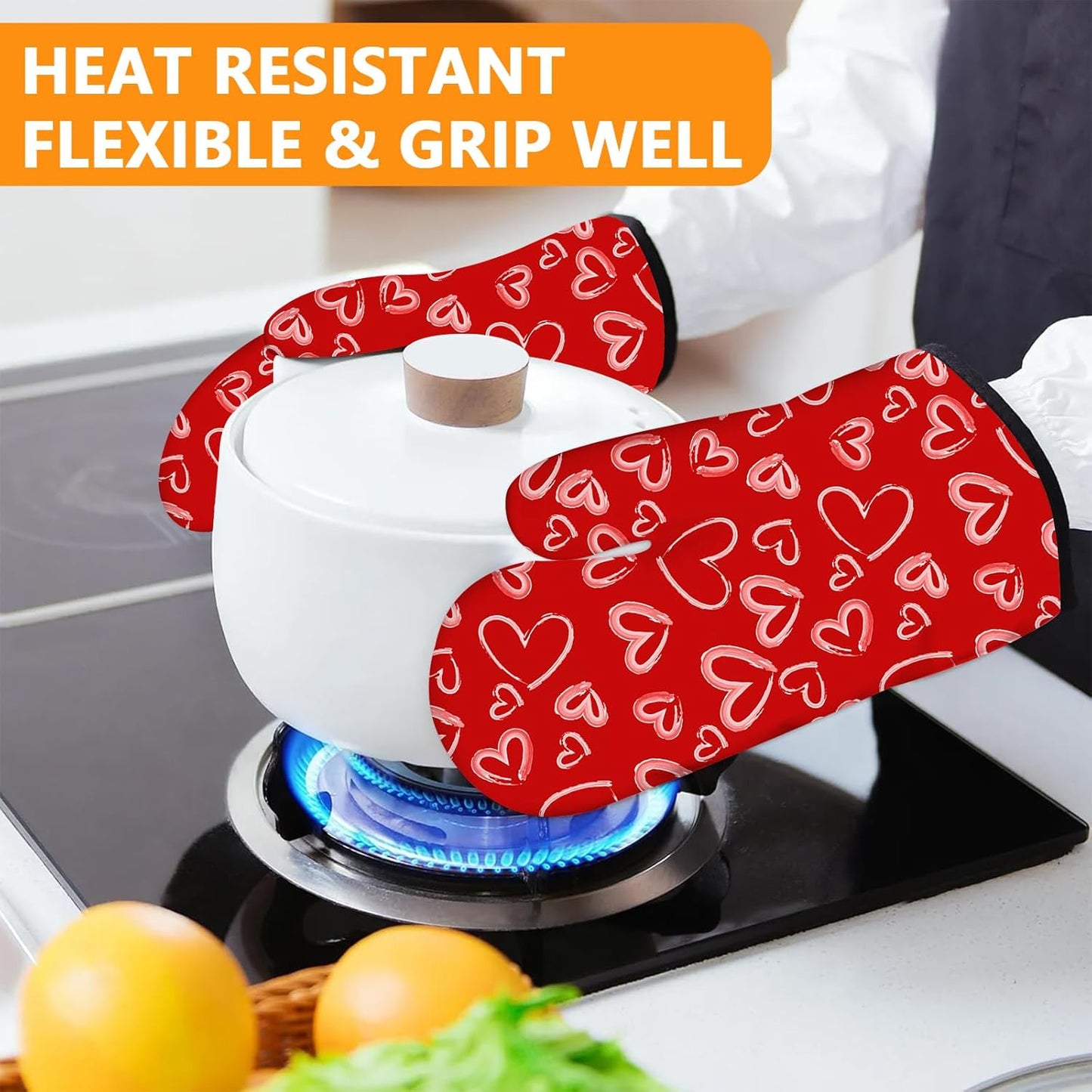 White Love Hearts Oven Mitts and Pot Holders Sets 4Pcs,Extra Long Oven Gloves Potholder for Kitchen Cooking Baking BBQ 100% Cotton Heat Resistant