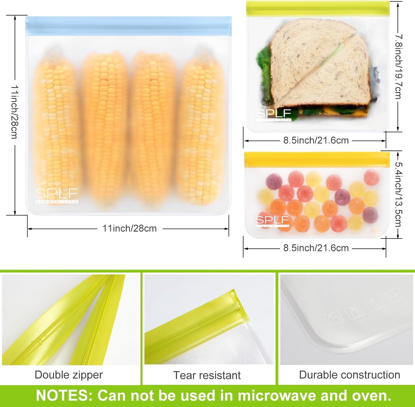 SPLF 12 Pack Dishwasher Safe Reusable Bags Silicone, Leakproof Reusable Freezer Bags, BPA Free Reusable Storage Bags for Lunch Marinate Food Travel - 2 Gallon 5 Sandwich 5 Snack Bags