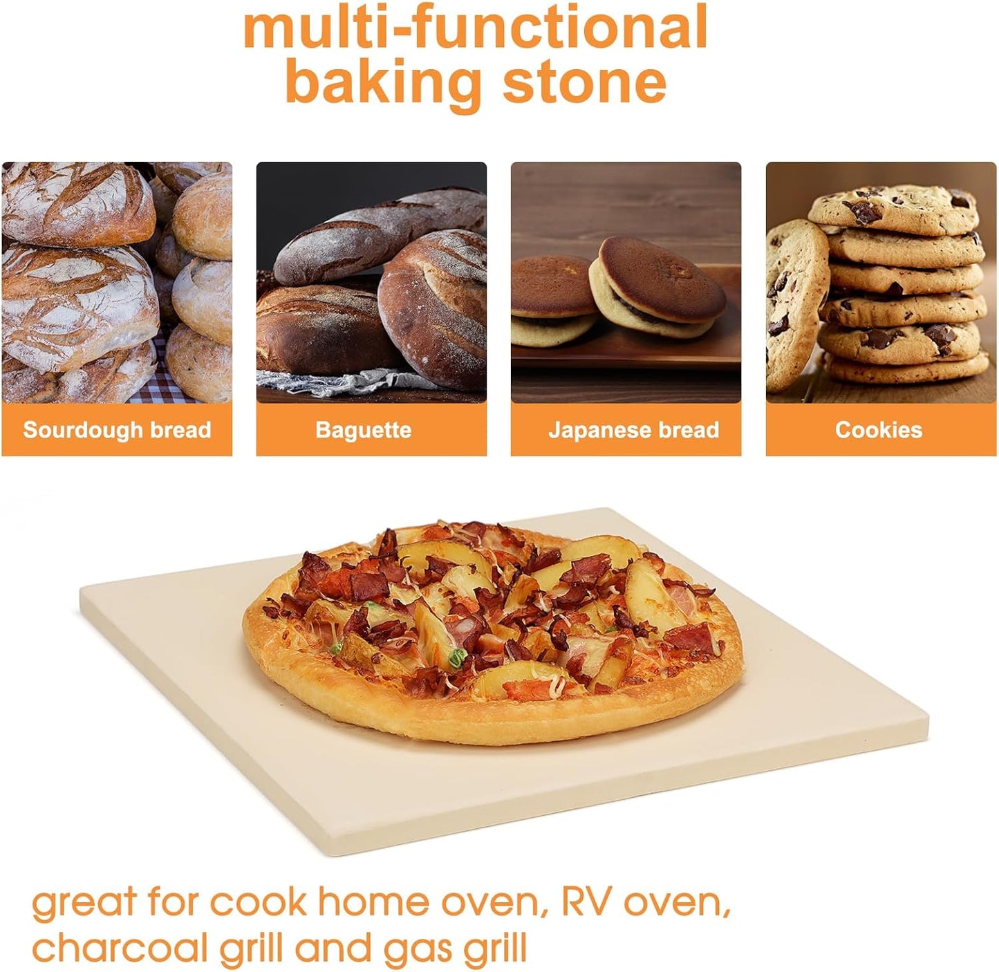 12x12 inch Pizza Stone,for RV Oven and Grill,square baking stone, cordierite pizza stone,for Pizza,Bread, Pie, BBQ, Durable and Safe, Give away Plastic Scraper