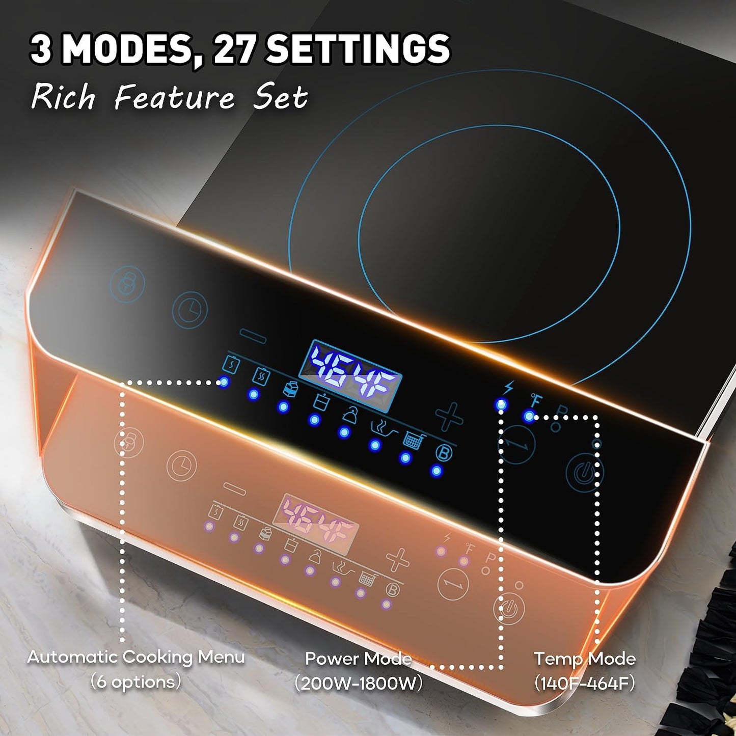 CUSIMAX Portable Induction Cooktop,3 Control Modes, 1800w 7.1" Heating Coil,140°F To 464°F,Induction Hot Plate with LED Display Sensor Touch Screen,Timer and Child Lock,Even and Fast Heating