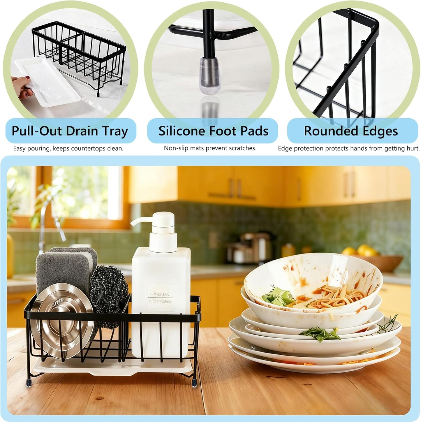 Kavciva Sink Caddy Sponge Holder,304 Stainless Steel Dish Brush Holder,Kitchen Countertop Sink Rack,Dish Soap Holder,Dishwashing Tool Drying Tray with Adjustable Partitions,Essential Kitchen Shelves