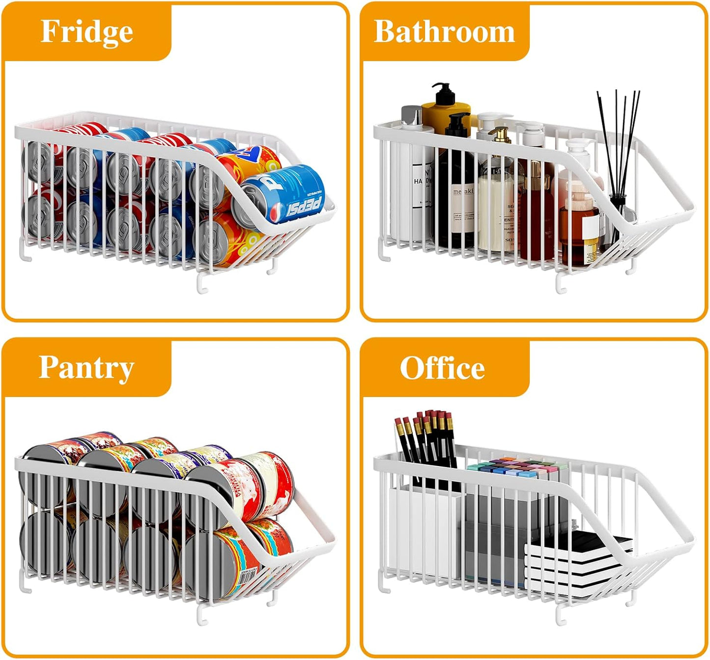 GILLAS 8 Pack Stackable Soda Can Organizer for Refrigerator, Can Holder Dispenser, Canned Food Storage Rack for Fridge, Kitchen, Countertops, Cabinets, White