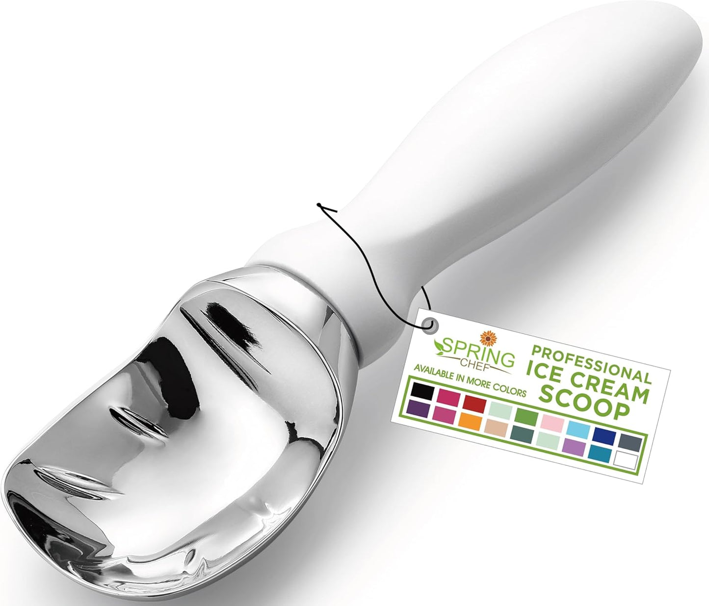 Spring Chef White Commercial Ice Cream Scoop with Comfortable Handle - Heavy Duty Metal Ice Cream Scooper for Frozen Yogurt, Gelato, Sorbet, Melon, Sundae - Dishwasher Safe Kitchen Tool