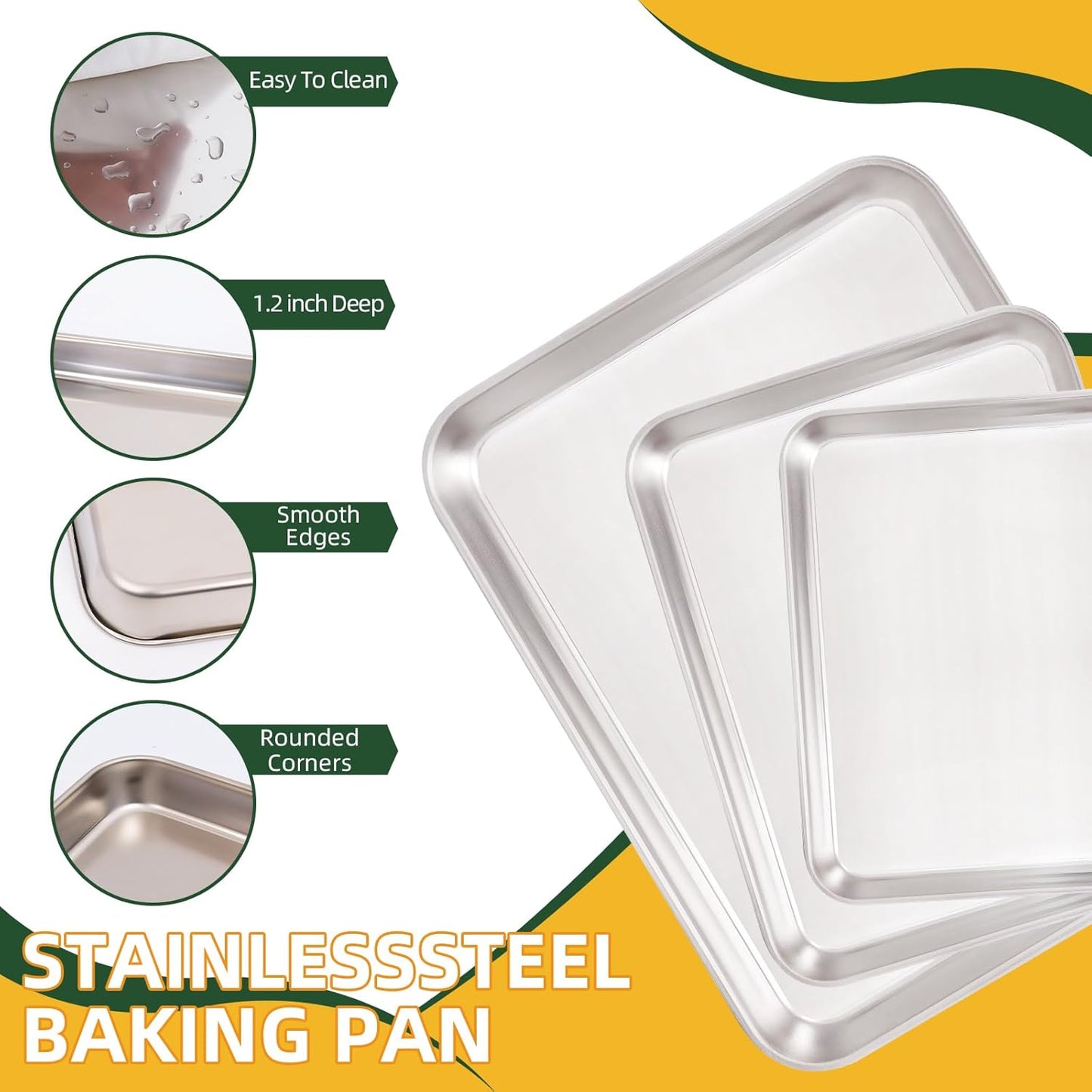 KEKEGO 4-piece set Multipurpose 304 Stainless Steel Baking Tray with Cooling Rack, 10/12/16 Inch,Rectangular Pan for Baking, Grilling, Food Prep, Draining, Non Toxic & Heavy Duty & Easy Clean