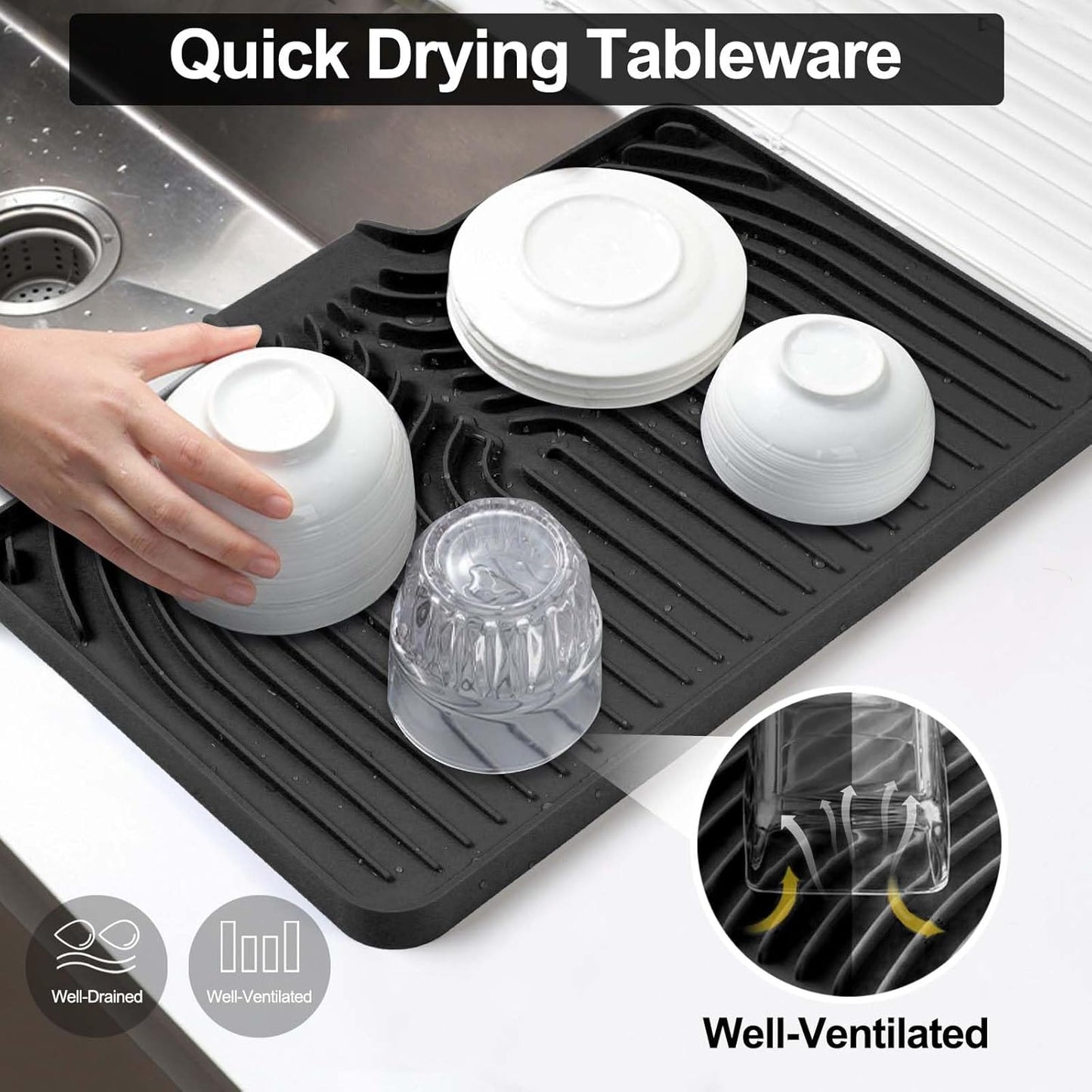 Silicone Dish Drying Mat for Kitchen Counter with Built-in Drain, Easy Clean Pad for Countertop Protection, Fast Self-Draining Slope, Non-Slip, Multiple Use 18 x12 Inch(Black)