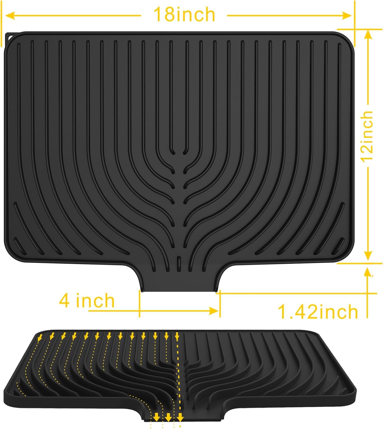 Silicone Drying Mat for Kitchen Counter,18"×12" Silicone Dish Drying Mat with Board Drain,Rubber Kitchen Counter Dry Matt for Dishes Drying Rack(black)