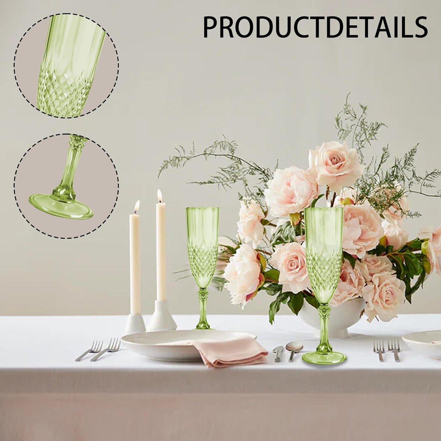 Plastic Champagne Flutes, 48PCS Green Plastic Wine Glasses Goblets Reusable Champagne Flute for Weddings, Bachelor Parties, Toasting, and Events(48, Green)