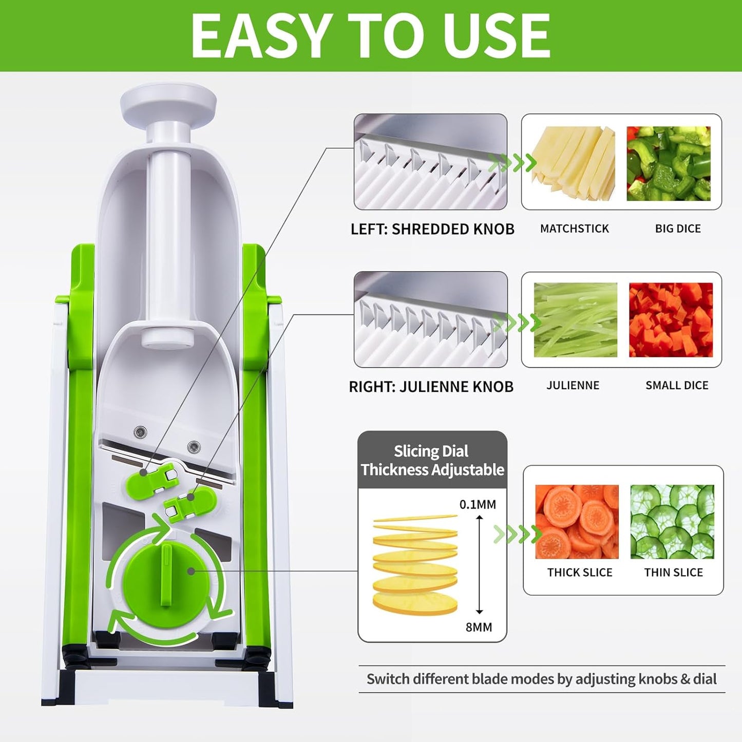 Safe Mandoline Slicer for Kitchen, Professional Vegetable Chopper With Container, Onion Chopper/Potato Slicer, More with 30+ Presets & Thickness Adjuster, Faster Food Chopper Gadgets - Green