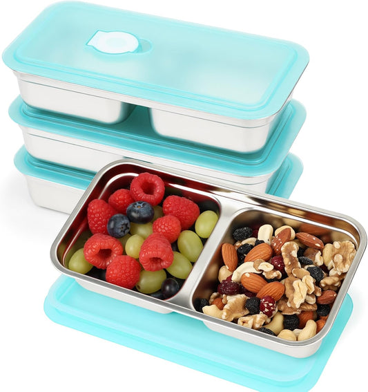 YQL 4 Pack Stainless Steel Snack Containers with Lids, Double Compartment Food Storage Boxes for Lunch Prep, Reusable Leakproof Bento Snack Boxes for Travel, Office, Camping