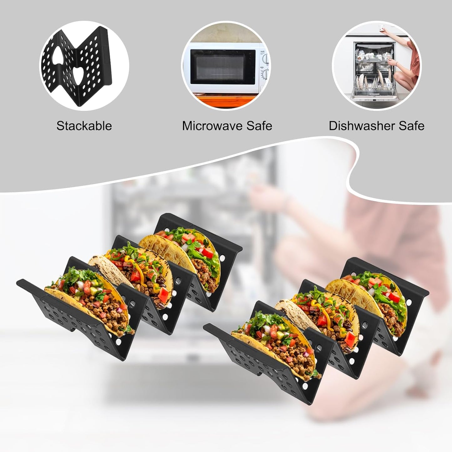 uxcell 8 Pcs Taco Holder Stand, Plastic Taco Plates Hold Up to 3 Tacos, Hollow Carved Taco Shell Holder, Dishwasher Microwave Safe, Black