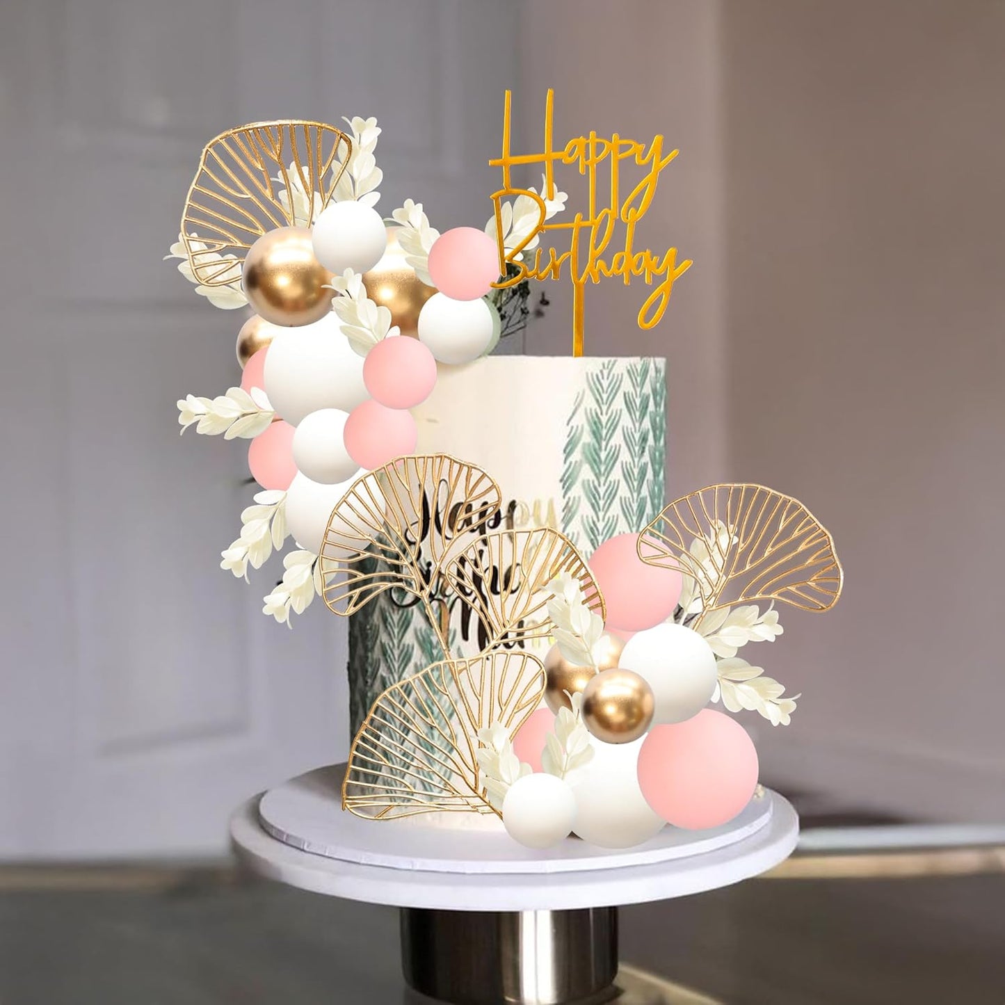 Gyufise 57Pcs Balls Cake Topper Boho Grass Cake topper Pearl Balls Acrylic Happy Birthday Cake Decorations for Wedding Baby Shower Birthday Boho Themed Party Supplies Pink