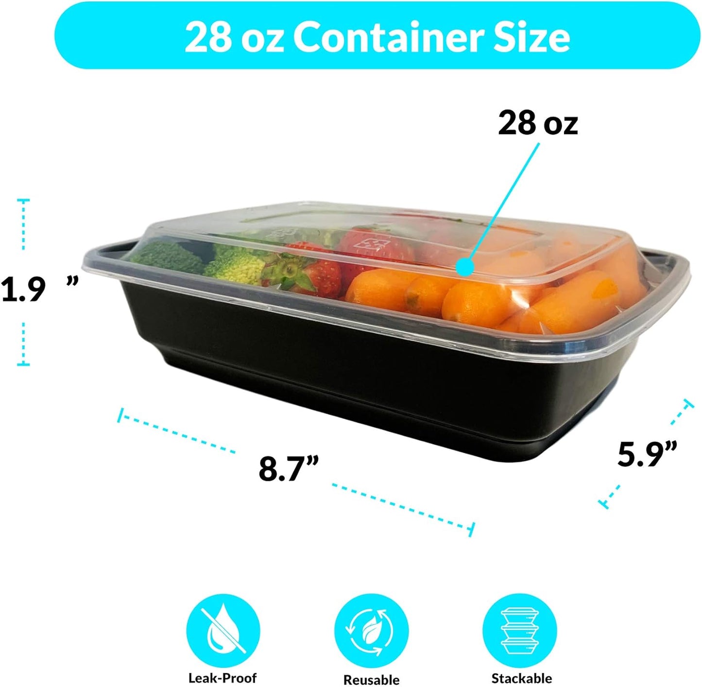 Reli. 28 oz Meal Prep Containers w/Lids - 50 Pack | Leftover To Go, Takeout | Microwave Safe | Disposable Containers for Food Storage | Take Home/Lunch/Meal Planning | Plastic | Black