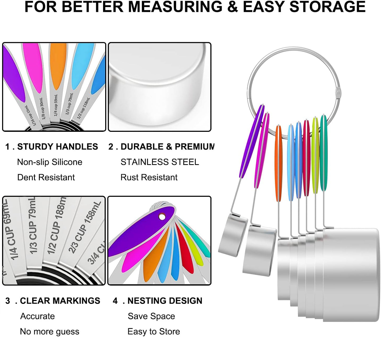 Measuring Cups and Measuring Spoons Set, Wildone Stainless Steel 8 Measuring Cups, 10 Measuring Spoons, 1 Leveler 1 Whisk & 5 Mini Spoons, for Dry and Liquid Ingredient - 25 Piece Multicolor