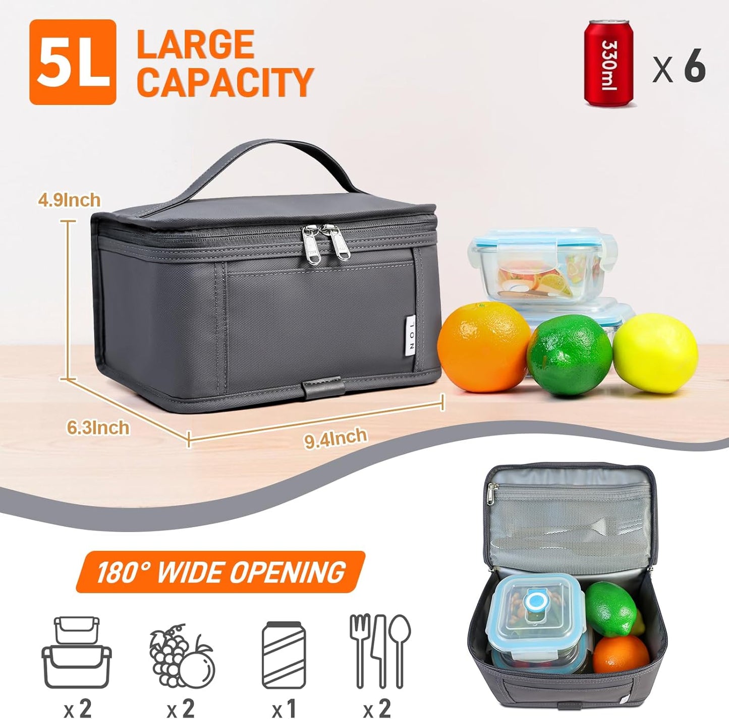 NOL Natural Organic Lifestyle Small Lunch Bag Mini Lunch Box Insulated Lunch Bag for Men/Women Leakproof Cooler Tote Bag Lightweight Nylon Waterproof Lunch Box For Work, Dark gray