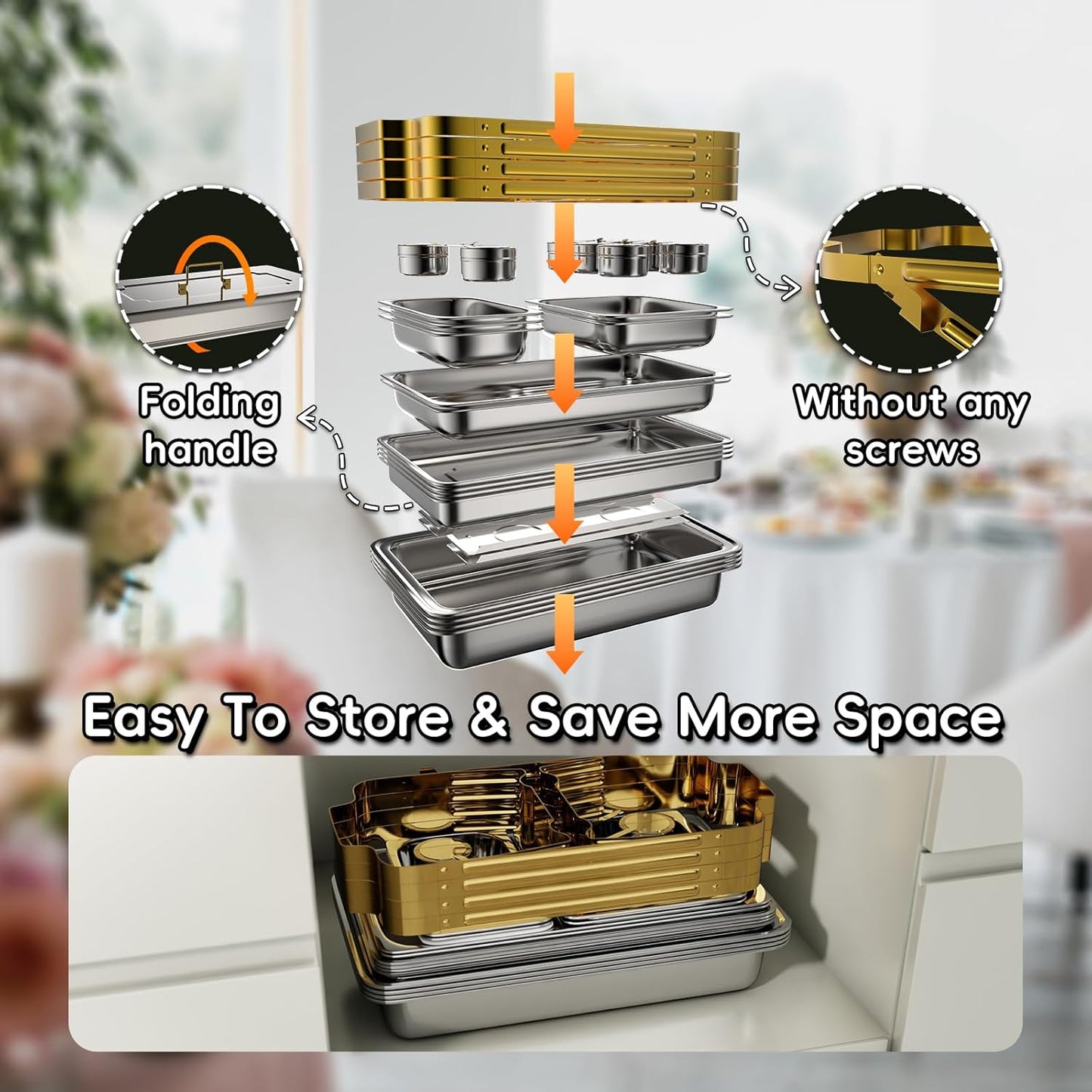 9Qt Chafing Dishes for Buffet 4 Pack [Multiple Size Food Pans] | Chafing Dish Buffet Set [Screw-free Installation] with Stackable Design [Less Storage Space] for Wedding/Party