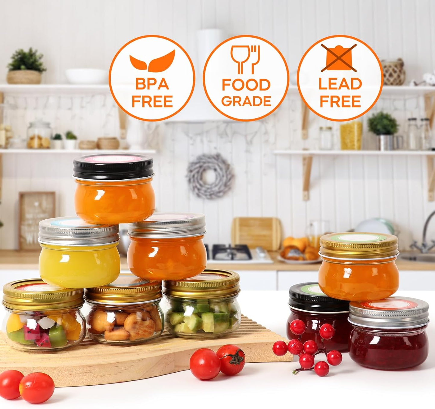 4 oz Mason Jars With Silver Lids, 24 Pack Regular Mouth Canning Jars for Jam, Honey, Yogurt, Spices, Snacks, DIY Projects, Wedding Favors- Includes 30 Stickers