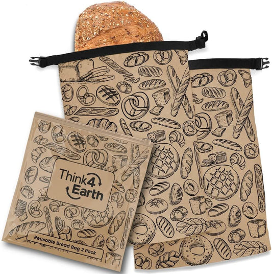 THINK4EARTH® Premium Brown Reusable Bread Bags for Homemade Bread – Durable & Washable (2 Pack)