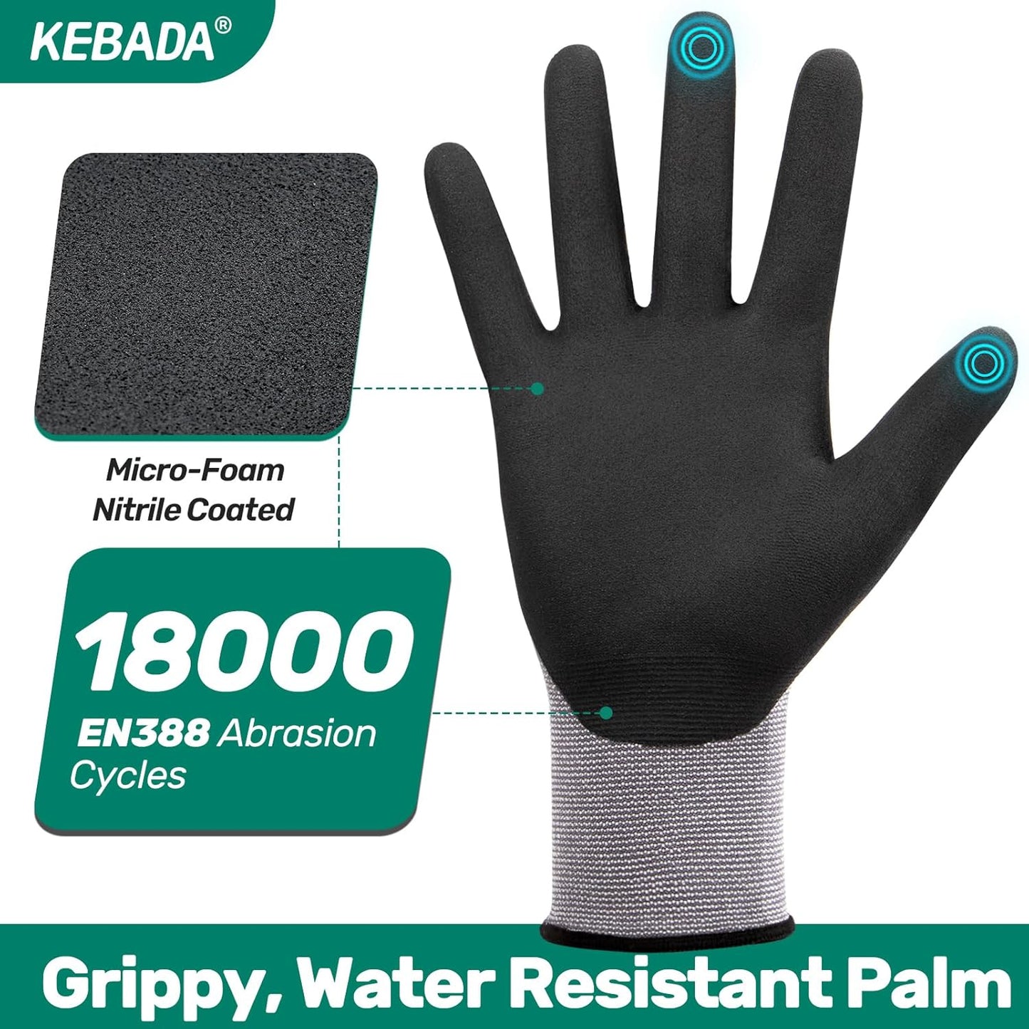 Kebada W2 Safety Work Gloves, Micro-Foam Nitrile Coated Gloves, Touchscreen,Ideal for Package Handling, Gardening, Construction, 1 Pair X-Small
