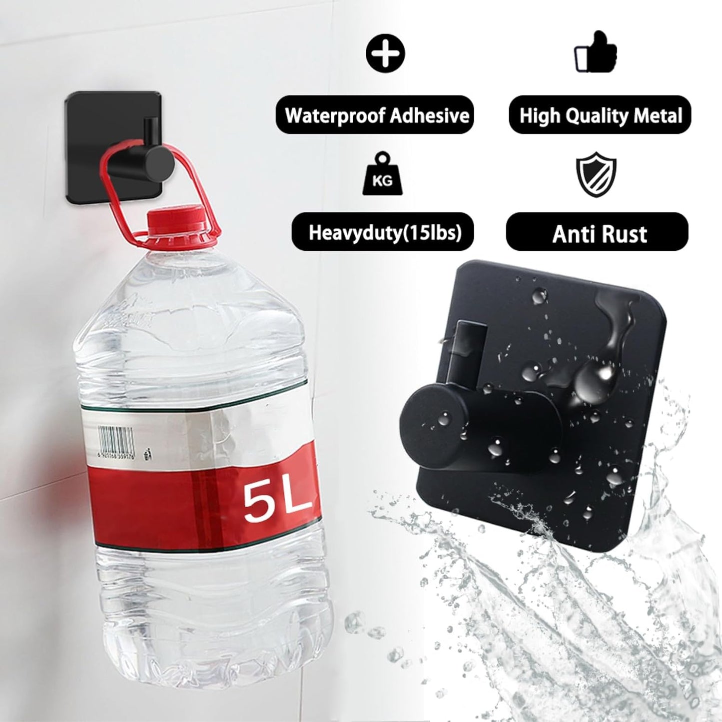 Adhesive Hooks for Hanging - 4 PCs, Towels Hooks for Bathroom, Sticky Hooks for Walls No Damage, Adhesive Hook for Outside, Kitchen, Bathroom, Office (Black 1)