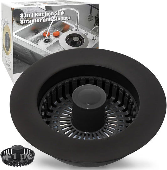 Kitchen Sink Drain Strainer, 3 in 1 Pop Up Kitchen Sink Stopper, with An Extra Basket Strainer, Universal for US Standard 3-1/2 Inch, Black