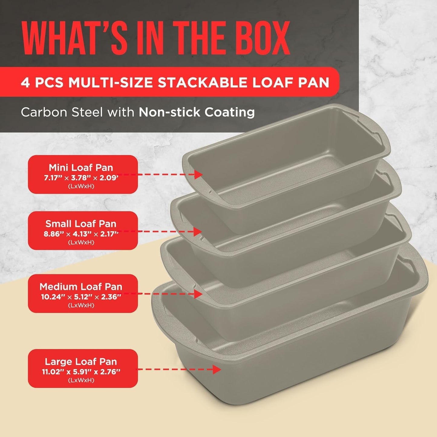 Nonstick Loaf Pan Set Pack of 4, 7" to 11" Large Baking Bread Pan, Oven Safe Up to 450°F, PFOA, PFOS, PTFE Free, Space Saving Stackable Design, Stain Resistant, Dishwasher Friendly, White Marble