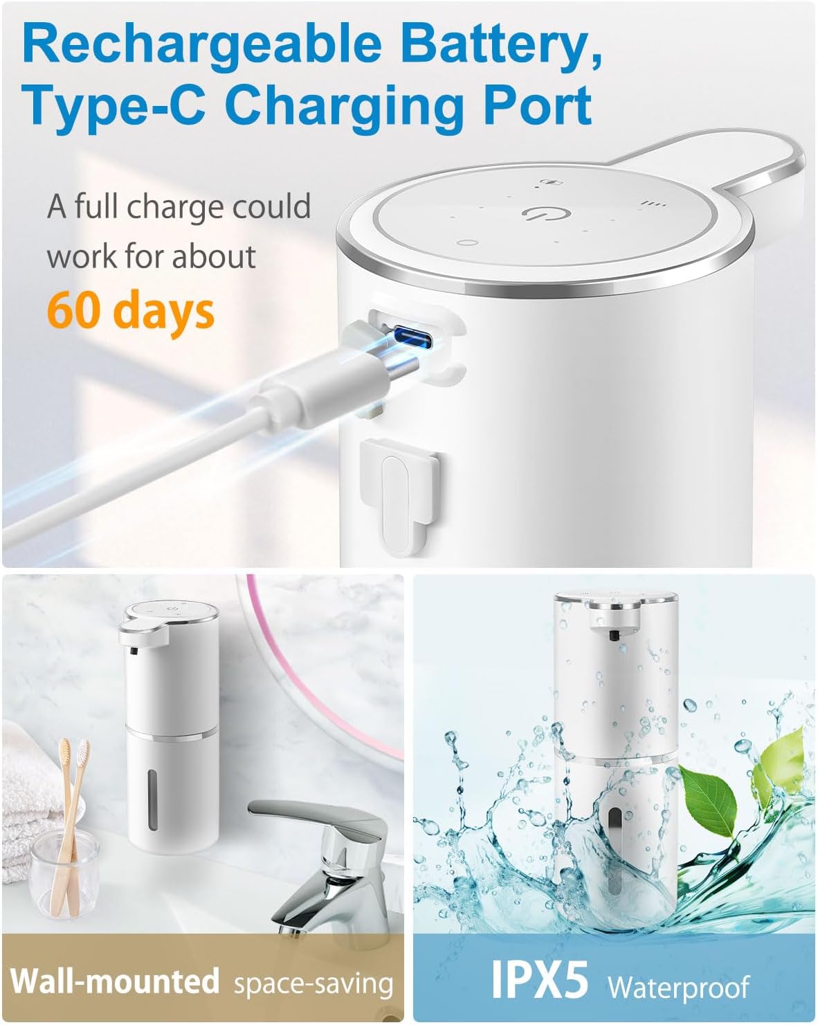 Automatic Liquid Soap Dispenser,4-Level Adjustable, Wall Mount,USB Rechargeable,12.8oz/ 380ml,Touchless Hand & Dish Soap Dispenser for Bathroom, Kitchen,Hotel, Restaurant