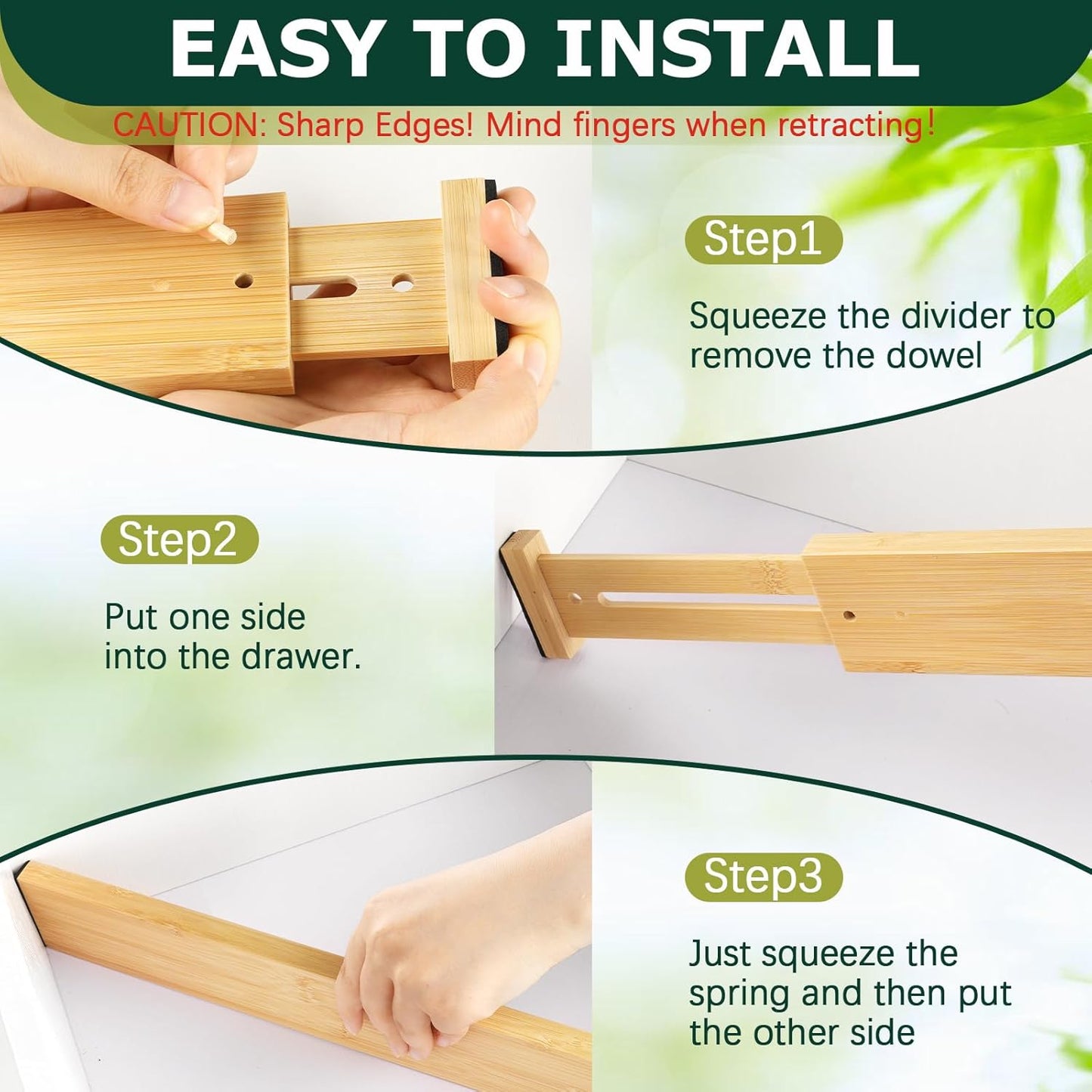 Lzerking Kitchen Drawer Dividers 6 Pack, 17-22" Adjustable Bamboo Drawer Organizers Large, Spring Loaded, Expandable Utensil Organizer, Works in Kitchen, Dresser, Closet, Bathroom, Bedroom