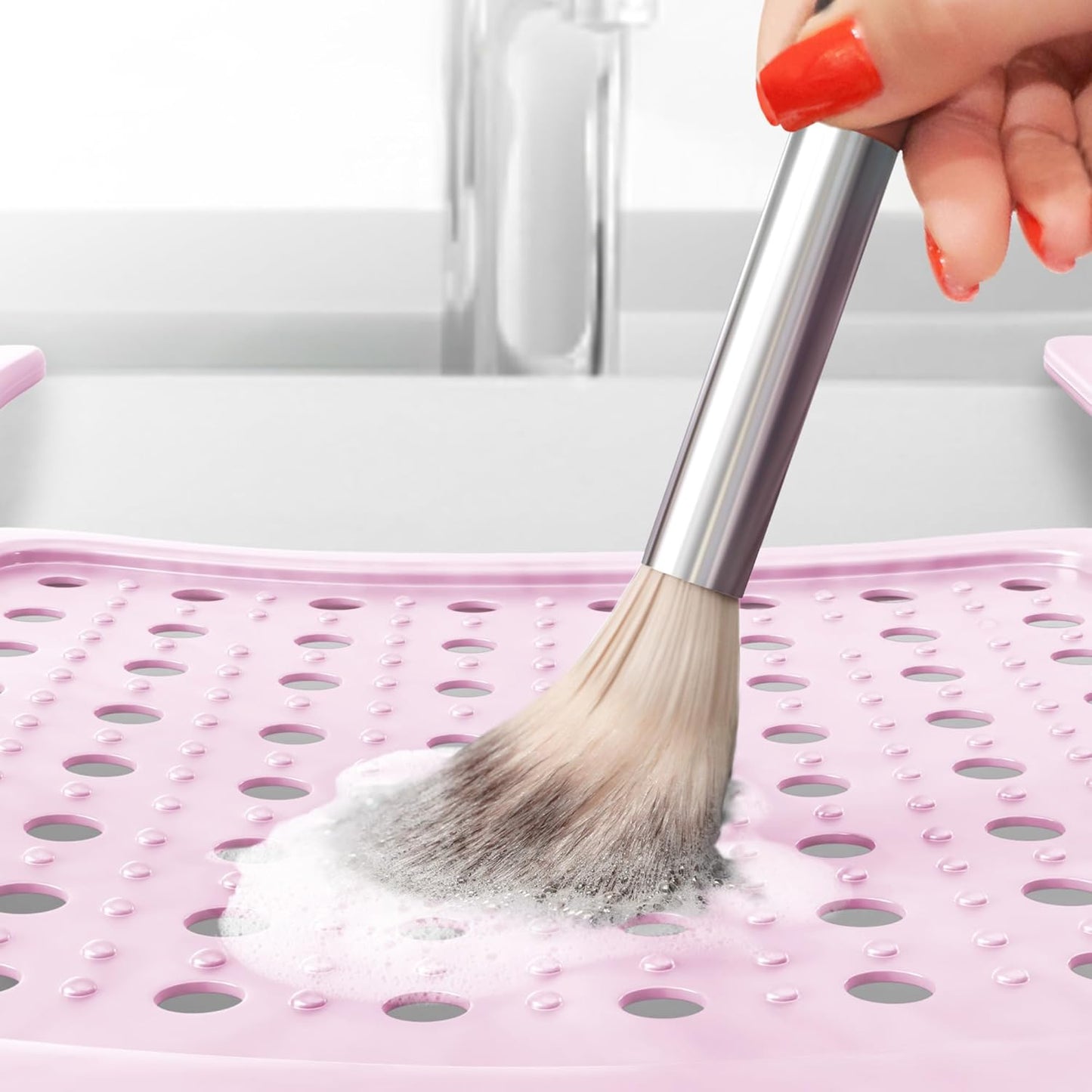 Sink Topper Bathroom Counter Cover & Storage Saver, Foldable Silicone Mat for Hot Tools, Hair Styling & Makeup, Beauty Brush Cleaning Mat, RV Camper Sink Cover & for Small Spaces (Standard Pink)