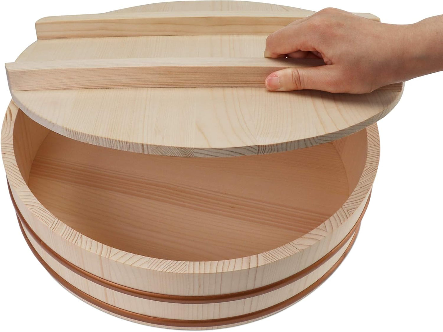 Kichgather Wooden Sushi Rice Bowl with Lid Hangiri Sushi Oke Sushi Rice Mixing Tub (13 “ with lid)