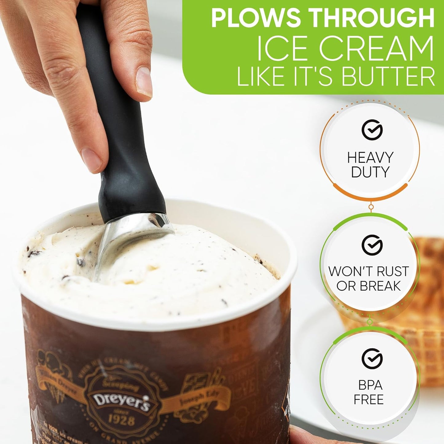 Spring Chef Heavy Duty Ice Cream Scoop with Comfortable Handle - Professional Ice Cream Scooper for Gelato, Sorbet, Cookie Dough, Melon, Frozen Yogurt - Dishwasher Safe Metal Kitchen Tool - Black