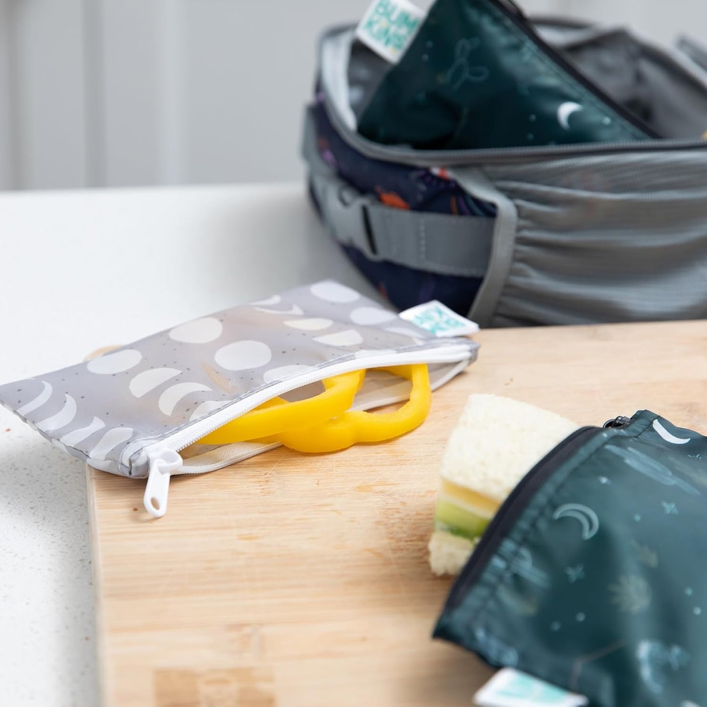 Bumkins - Cloth Snack & Sandwich Bags -For Storage, Travel, Food Prep, Lunch -Reusable, Water Resistant, Washable, Dishwasher Safe -Snack Bags for Kids -Zipper Closure -Desert Dk. Green & Gray -4 Pack