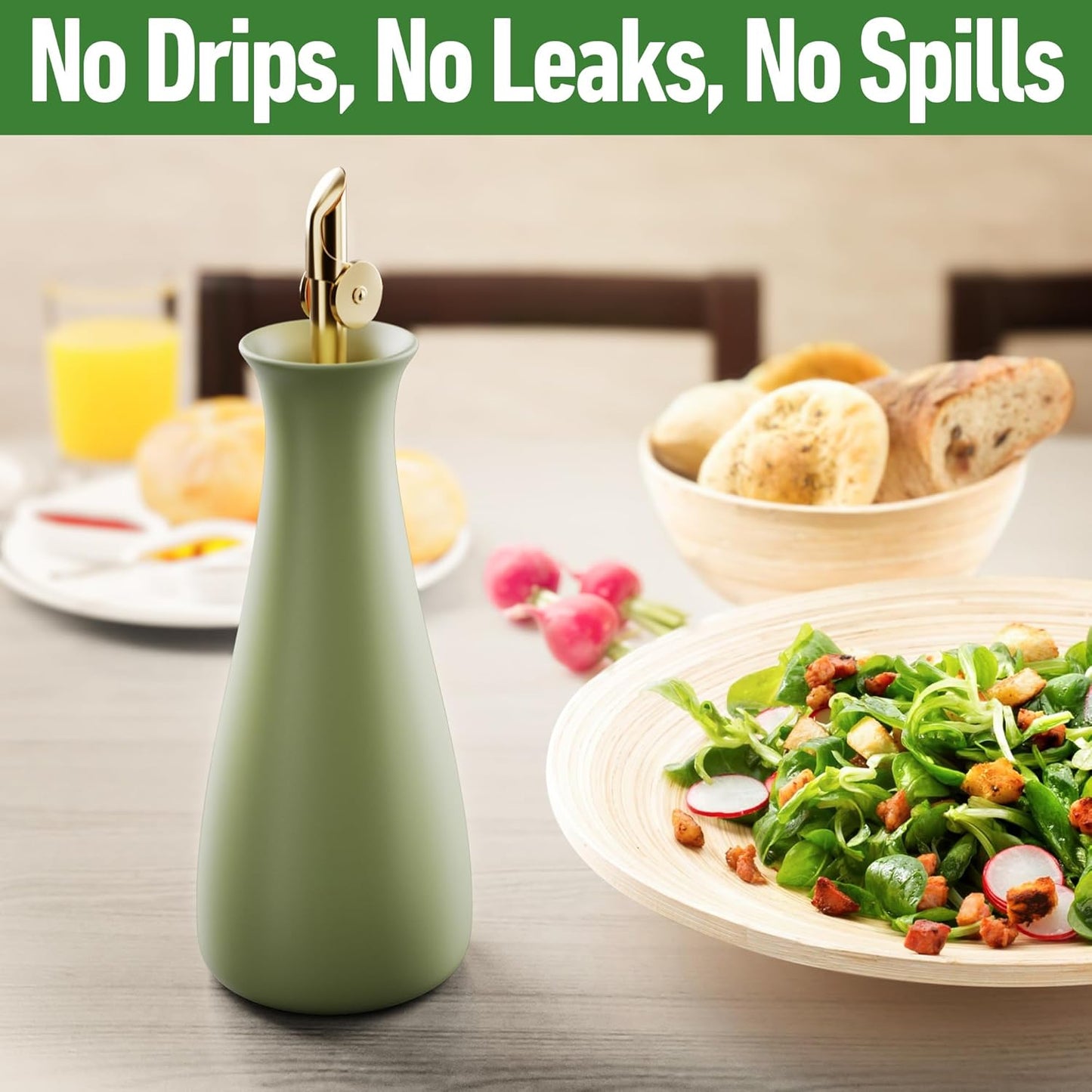 Ceramic Olive Oil Dispenser with Self-Closing Gold Spout - 530 ML Capacity Matte Green Ceramic Oil Dispenser for Kitchen - Leak Proof EVOO Dispensing Bottle - Stylish, Ergonomic, Durable, Easy Pour