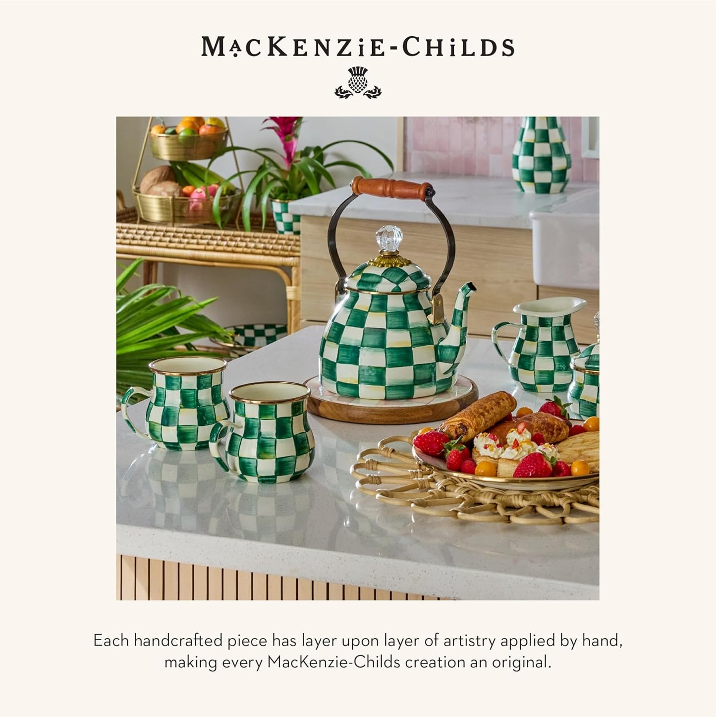 MACKENZIE-CHILDS Enamel Round Tray, Unique Serving Platter for Food and Drinks, Green-and-White Emerald Check