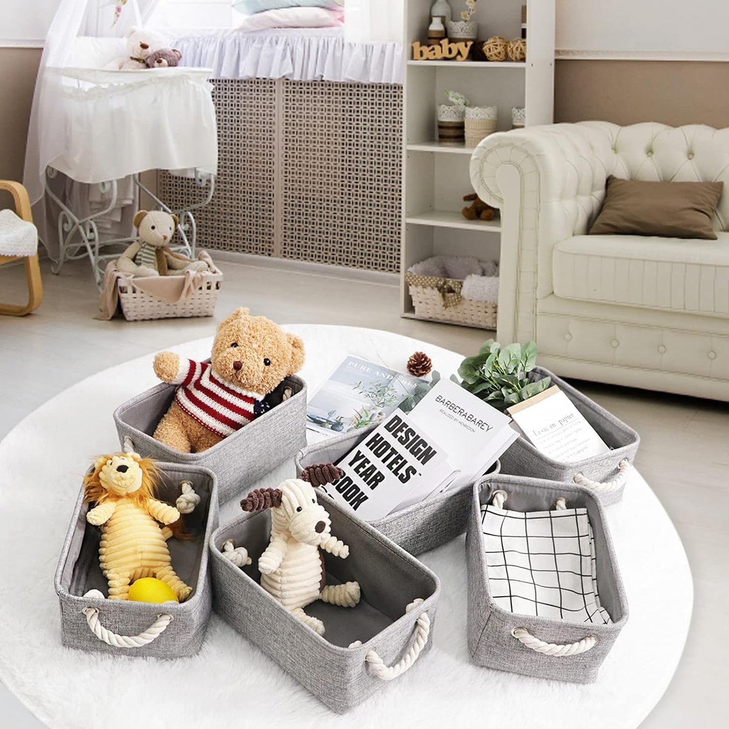 HNZIGE Small Baskets for Shelves(6pack) Fabric Storage Baskets, Empty Gift Baskets with Rope Handles, Decorative Foldable Storage Baskets for Organizing Home Closet Office (Gray, 11.8" x 7.8" x 5.1")