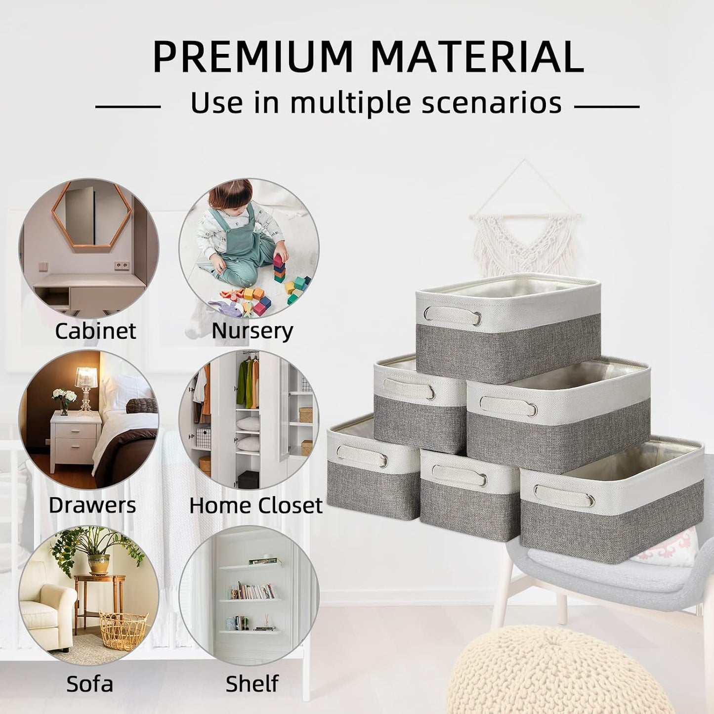 HNZIGE Small Organizer Bins for Shelf,Small Fabric Collapsible Baskets for Organizing Nursery Linen Canvas,Set of 6 Decorative Storage Basket for Storage Closet Toy(White&Gray, 11.8" x 7.8" x 5.1")