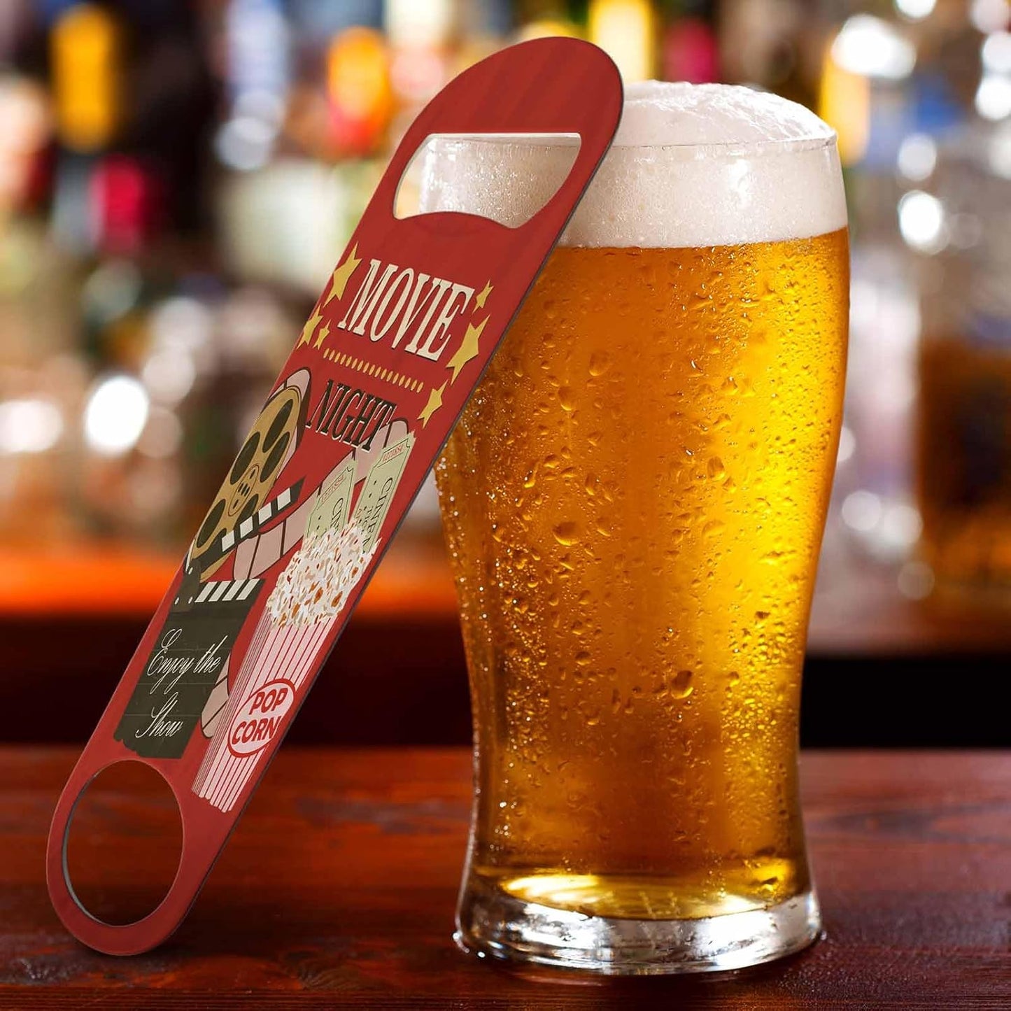 Vintage Cinema Stainless Steel Bottle Opener Movie Night Poster Enjoy The Show and Popcorn Nostalgia Flat Beer Bottle Opener Keychain for Home Kitchen Bar Restaurant Party Birthday Gift