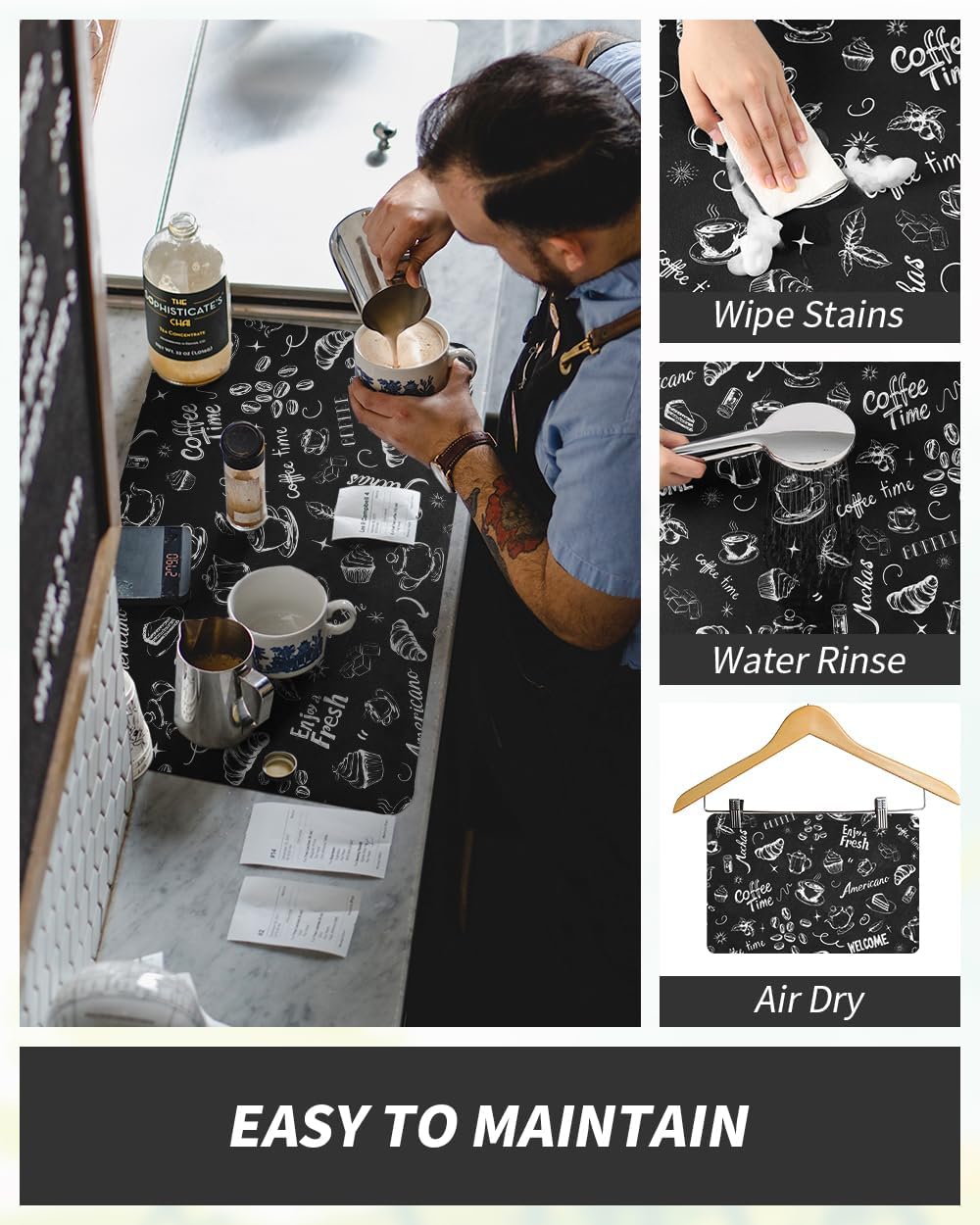 AMOAMI Coffee Mat Hide Stain Rubber Backed Absorbent Dish Drying Mat for Kitchen Counter - Fits Under Coffee Maker & Espresso Machine (12x19,INK)