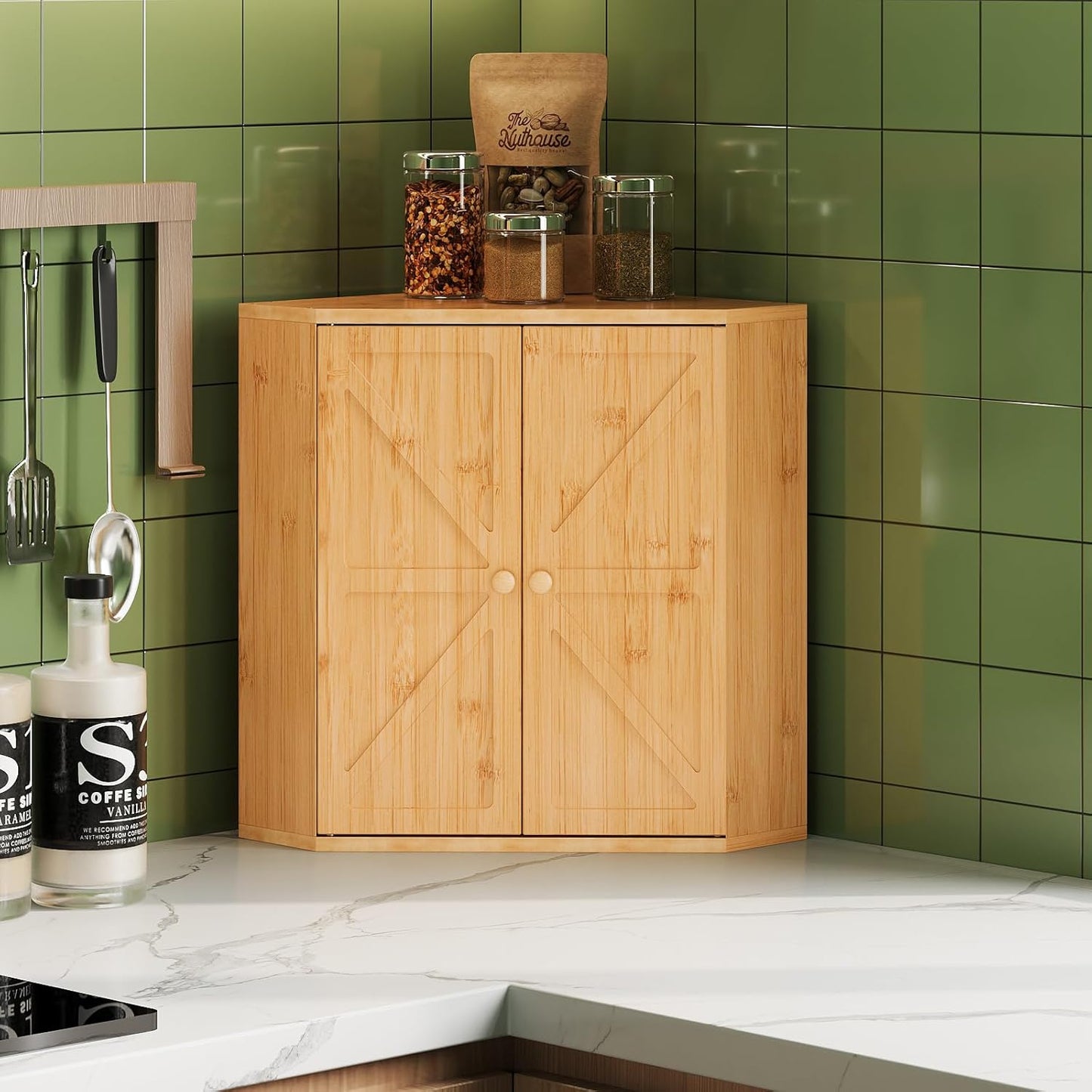 Corner Bread Box for Kitchen Counter Double Layer Bamboo Bread Storage Container Large Capacity Bread Storage Bin Farmhouse Breadbox Organizer (Bamboo Natural)