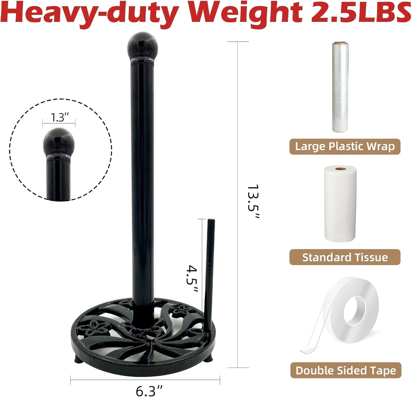 Vintage Paper Towel Holder Countertop - Cast Iron Standing Roll Paper Towel Dispenser with Elegant and Heavy Daffodil Pattern Base for Kitchen Décor, Black