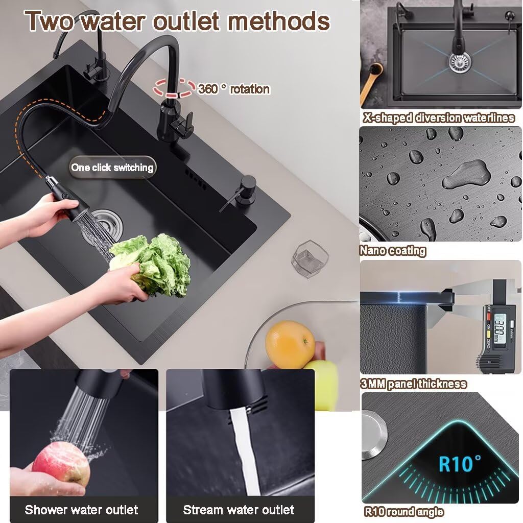 Black Drop in Kitchen Sink, Stainless Steel Single Bowl Sink with 3 Holes, Topmount Workstation Sink, Farmhouse Rectangle Basin with Multiple Accessories (21.7 * 17.7 * 7.9in)