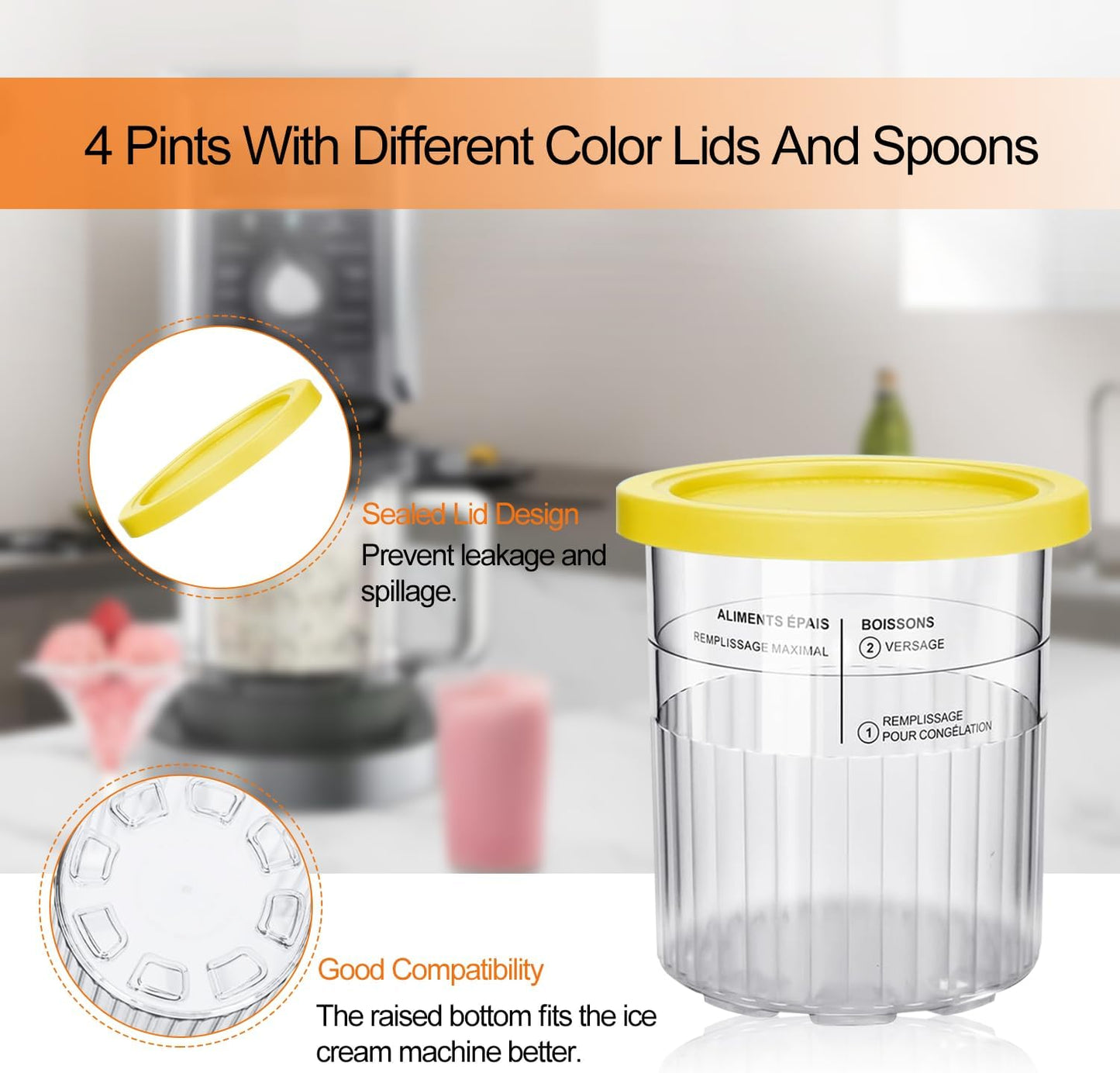 Diteje 4 Pack Replacement Creami Pints with Lids and Spoons,Creamy Ice Cream Containers 24oz Compatible with Ninja Creami NC500 NC501 Series Deluxe Makers